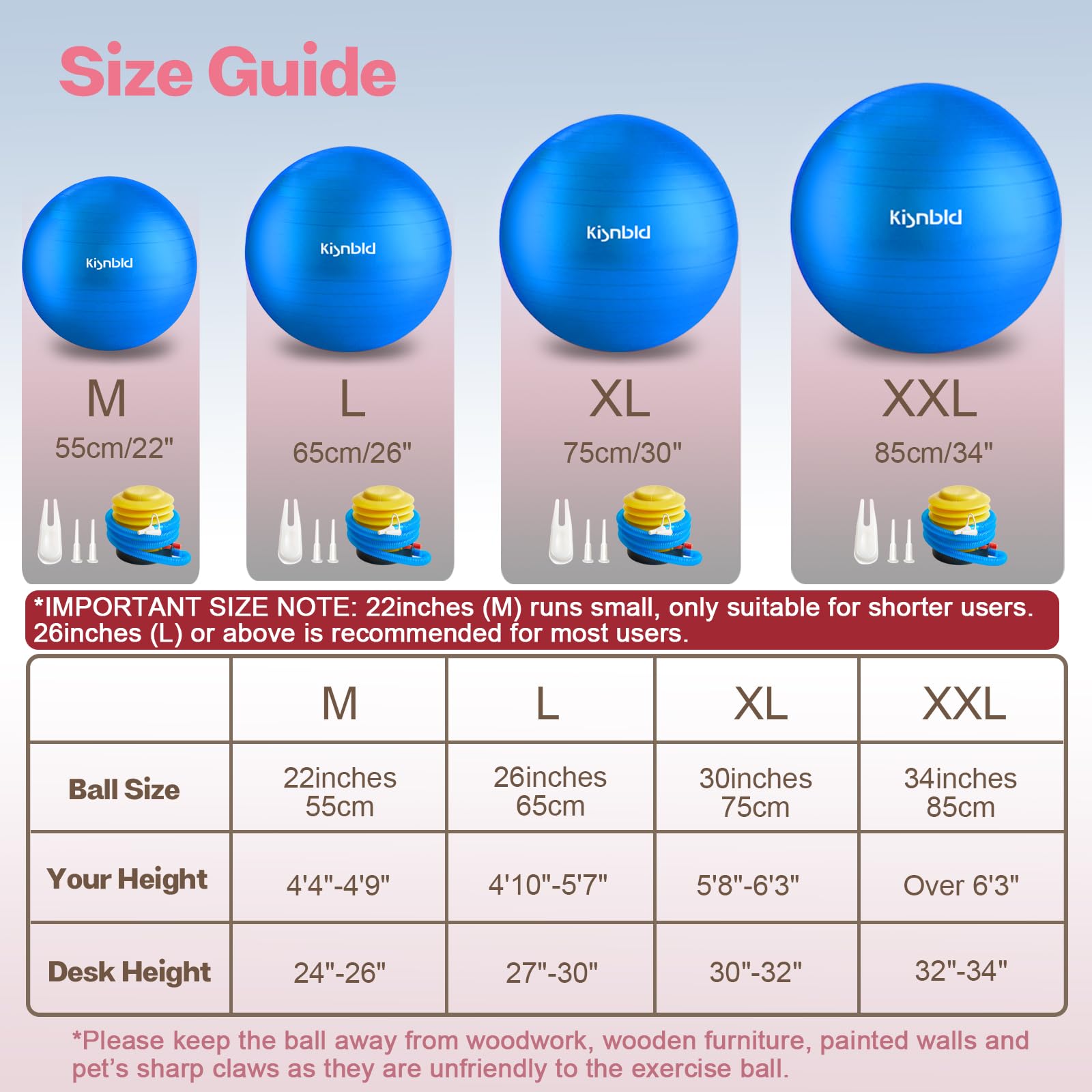 kisnbld Exercise Ball, Extra Thick Yoga Ball for Workout Pregnancy Stability, 4 Sizes Anti-Burst Balance Ball with Foot Pump - Heavy Duty Fitness Ball Chair for Office, Home & Gym 4