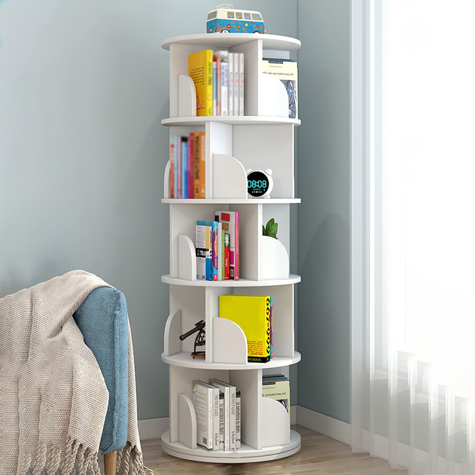 Estantería giratoria de 360 grados para niños y adultos, estantería de esquina redonda con 2 6 niveles para sala de estar, dormitorio, biblioteca, oficina en casa, color blanco
