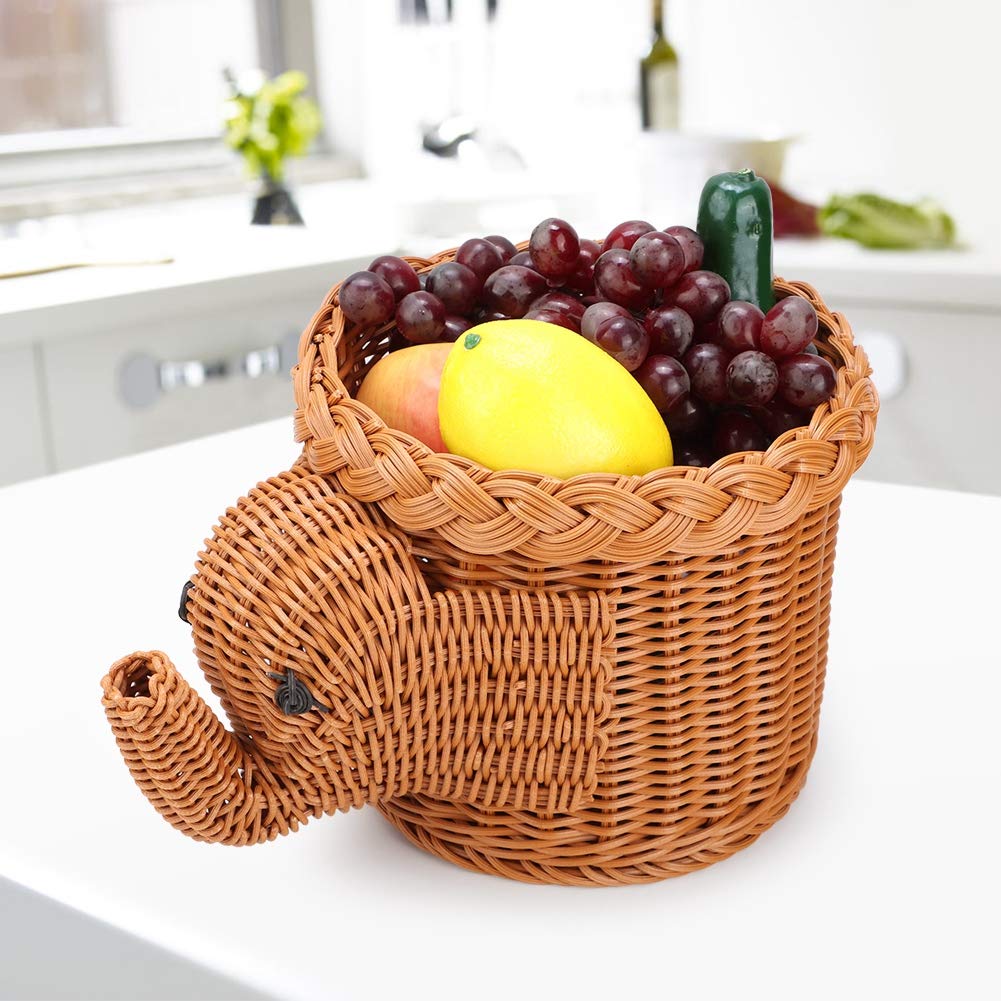 Rattan Fruit Basket, Wicker Fruits Bread Baskets, Cartoon Elephant Shape Rattan Bread Fruit Snacks Storage Baskets Food Serving Baskets for Serving Fruit (Brown mouth outer
