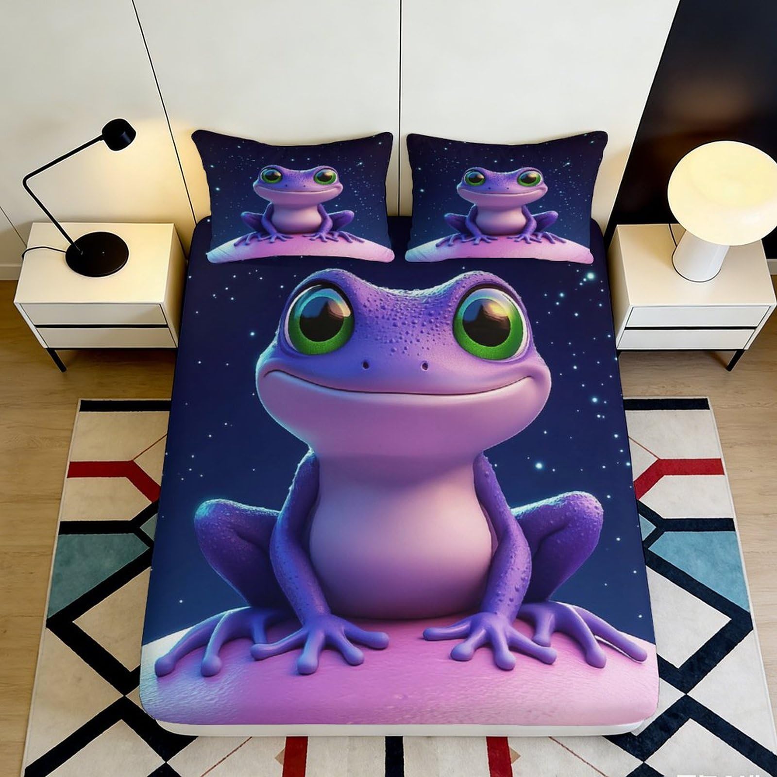 3D Printed Purple Frog Fitted Sheet Microfiber Soft Breathable Cartoon Forest Mattress Cover for Bedroom Dorm Decor 90x200x25cm