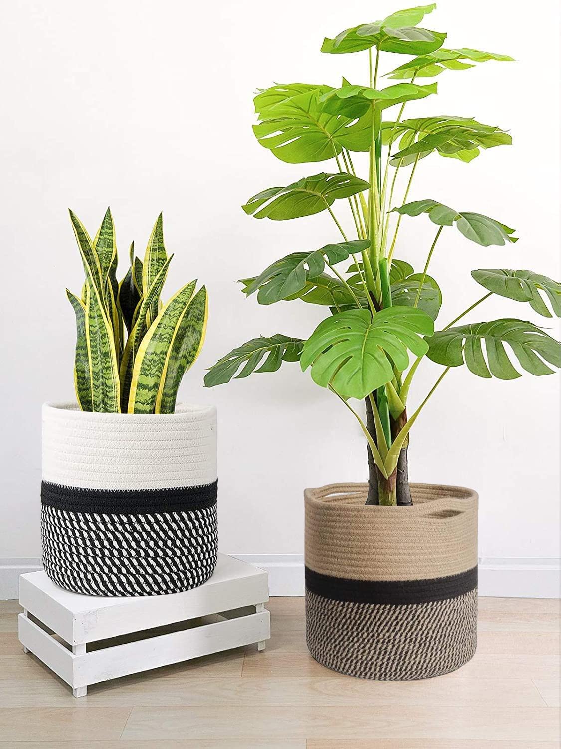 SMELEYOU Bloempotten, katoenen touw plantenmand met voering geweven plantenpotten voor binnen opbergmand voor plantenbakken, bloempotten, 20 cm