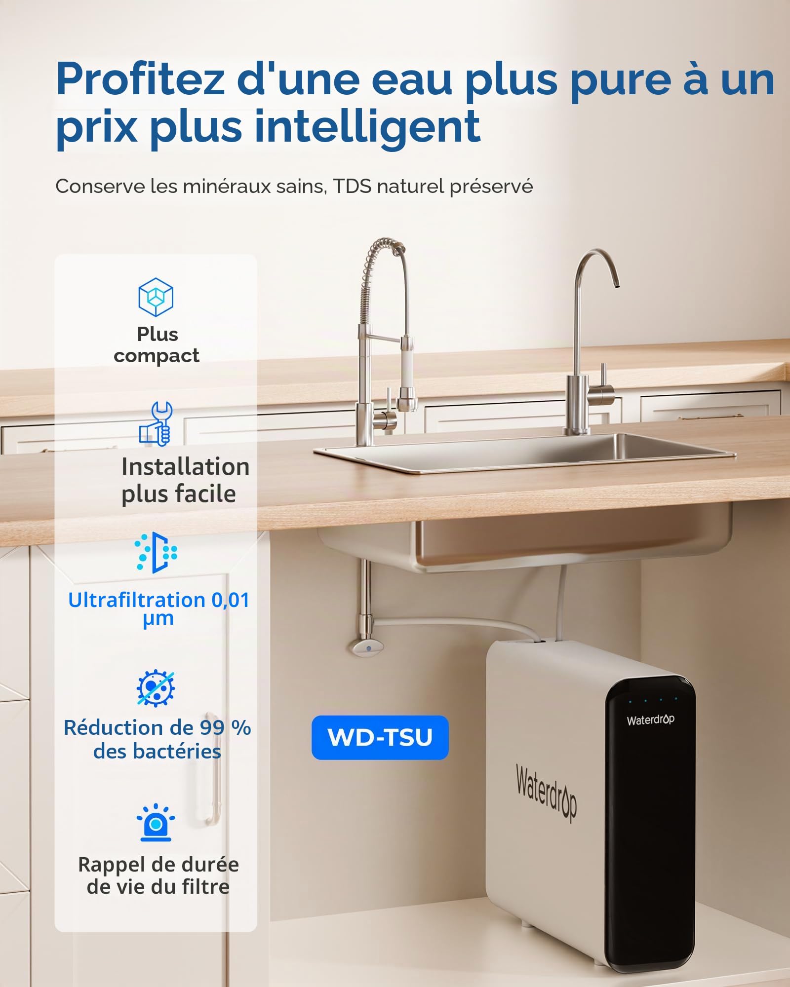 Waterdrop TSU 0,01 μm Ultra-filtration Sous Évier Système de Filtre à Eau, Haute Capacité en 3 Étapes, Panneau Intelligent, Pas D'eaux Usées, Réduire les PFAS, PFOA/PFOS
