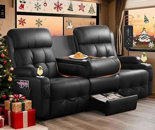 Sofá reclinable para autocaravana, sillón reclinable de gran tamaño de 3 plazas con respaldo central abatible, cajones y portavasos, cama Negro