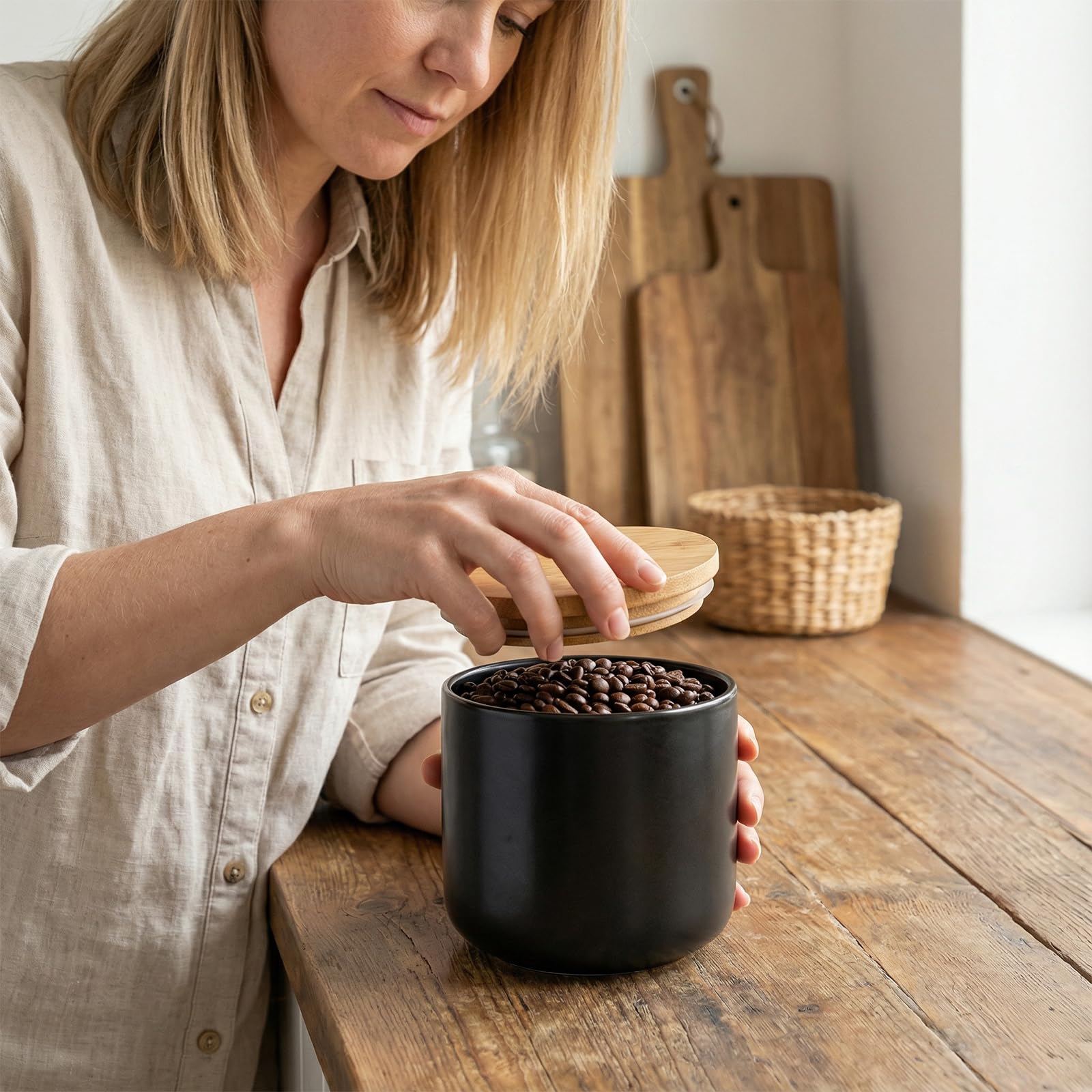 Amexo Schwarz Keramik Vorratsdose Kaffeedose mit Versiegeltem Bambusdeckel, Moderne Design Frischhaltedose 260ml/9oz Keramik Aufbewahrungsdosen für Tee Kaffee Bohne Zucker Gewürz Nüsse Korn Snack