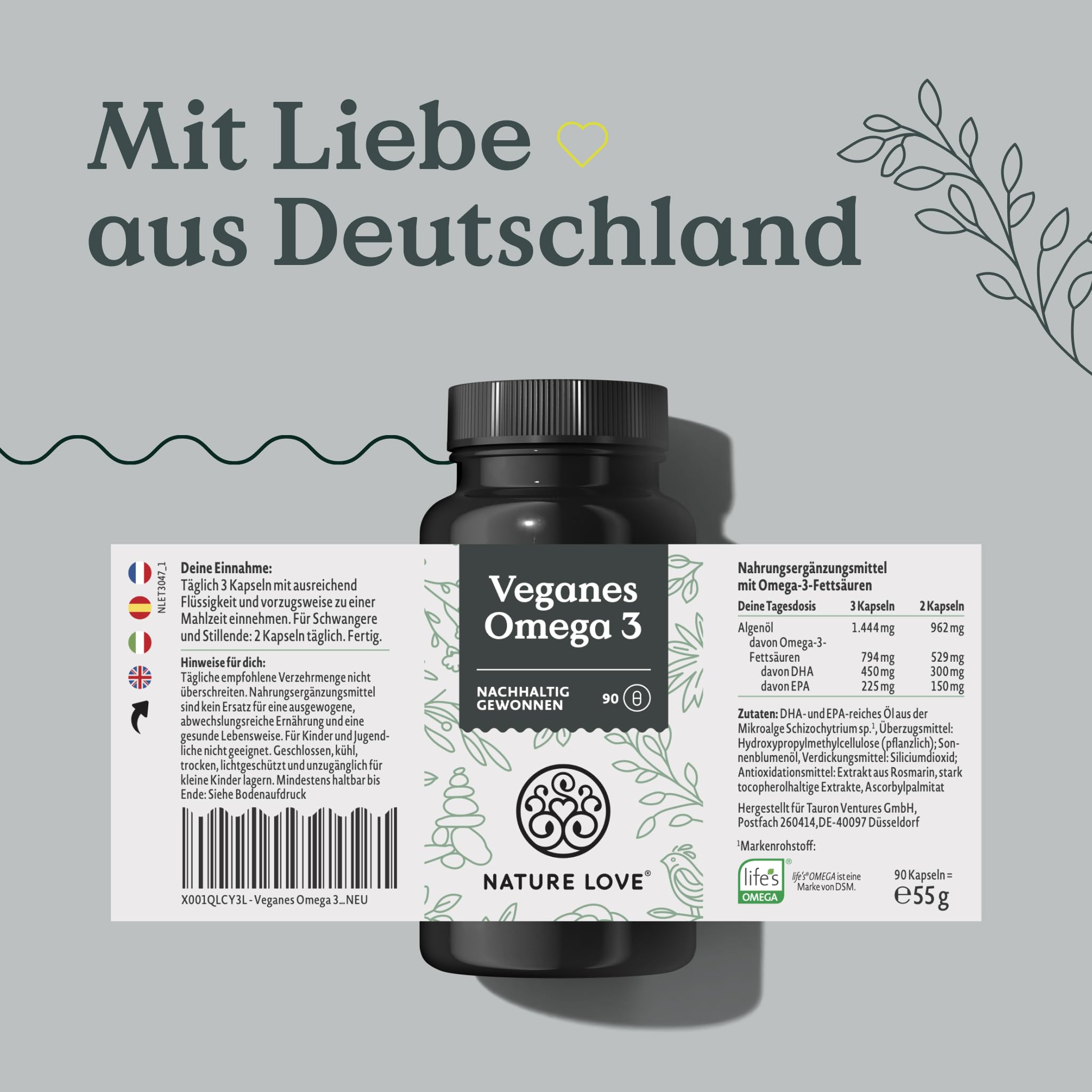 NATURE LOVE® Omega 3 vegan - hochdosiert mit 1.444 mg Algenöl pro Tagesdosis - 90 Kapseln - nachhaltig, laborgeprüft, produziert in Deutschland