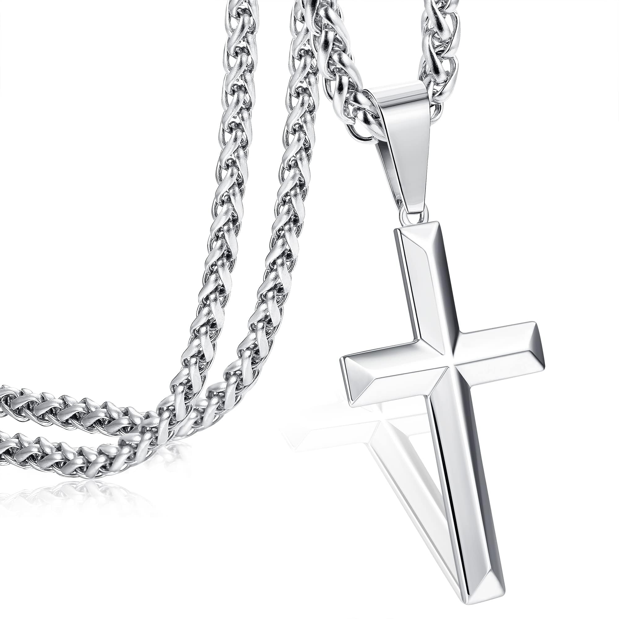 Morfetto Collar de Cruz de Plata de Ley 925 para Hombres y Mujeres, Acero Inoxidable de 3 MM, Cadena de Trigo Duradera y Resistente, Collar de Crucifijo con Borde Biselado, Joyería de 16-30 Pulgadas