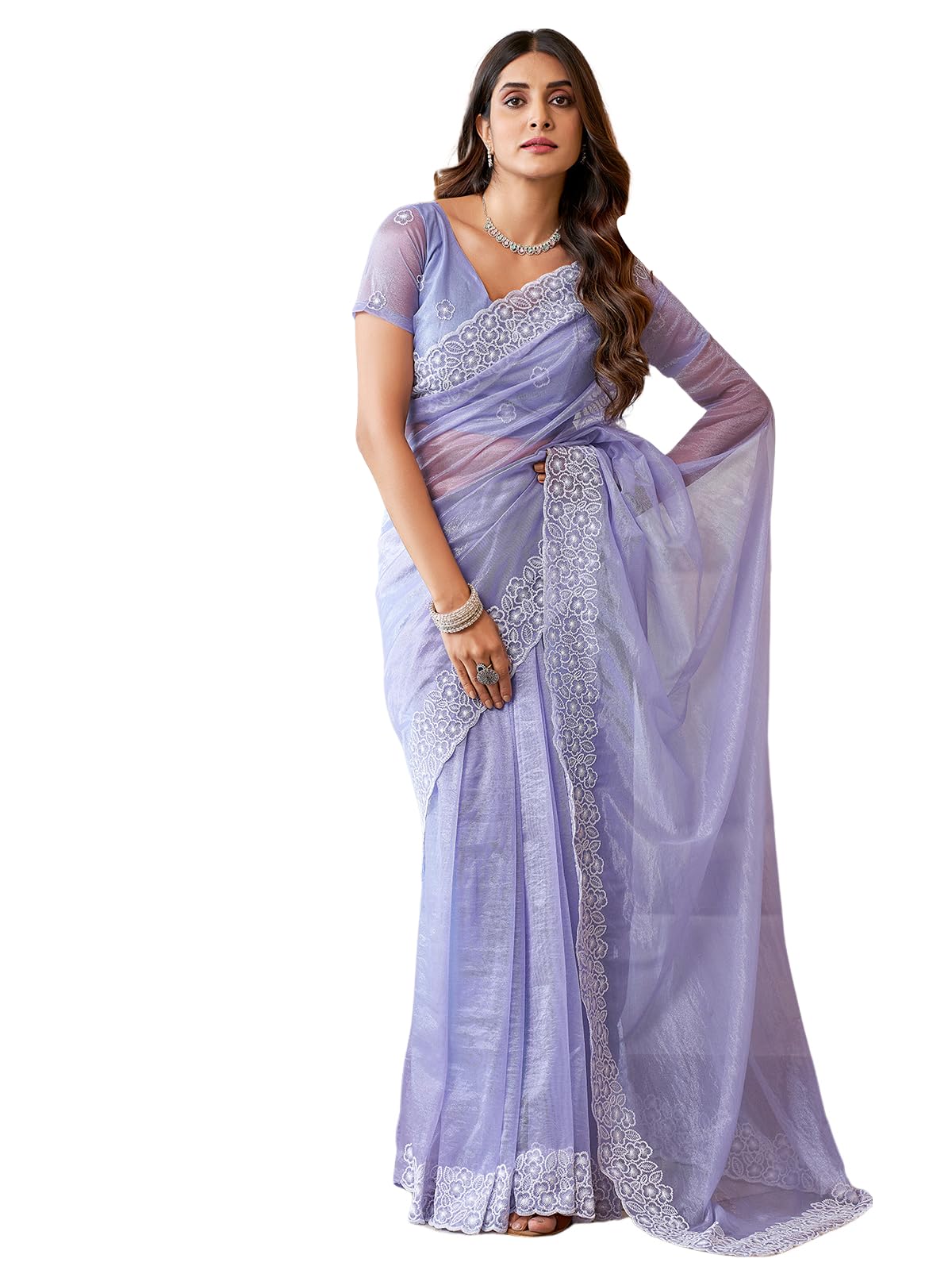 Satrani Women's Embroidery Border Organza Saree With Unstitched Blouse Piece (3734S352N_Lavender)