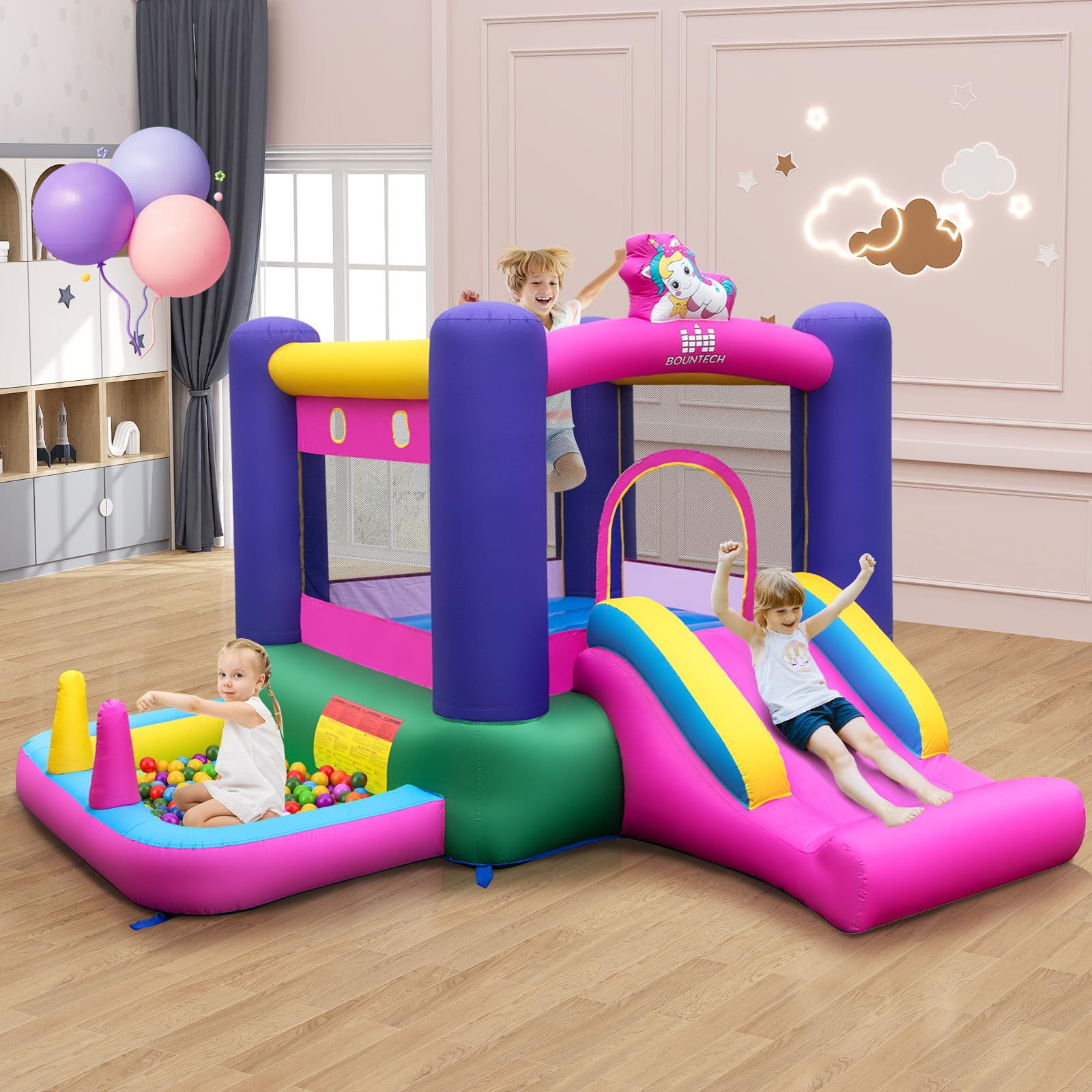 COSTWAY Castello Gonfiable 6 in 1 per Bambini con Scivolo, Castello Gonfiabile con Trampolino, Piscina e Canestro Basket, Gioco Gonfiabile da Interno ed Esterno, per Bambini da 3 a 12 Anni