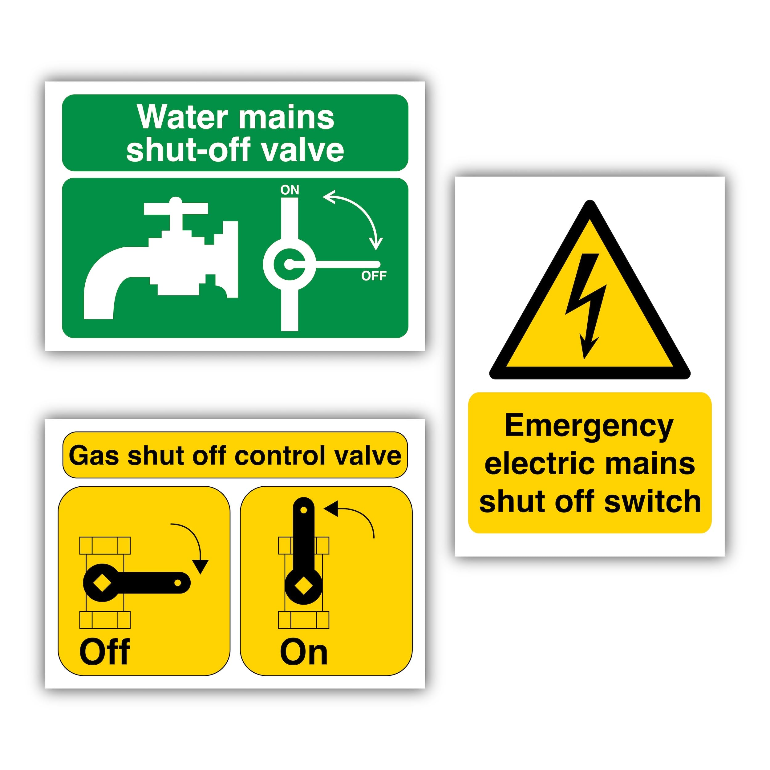 105mm x 148mm Pack of 3 Water Mains, Gas Mains Shut Off Valve & Emergency Electric Mains Shut Off Switch Signs – Self Adhesive Polypropylene Glossy-Laminated A6 Stickers