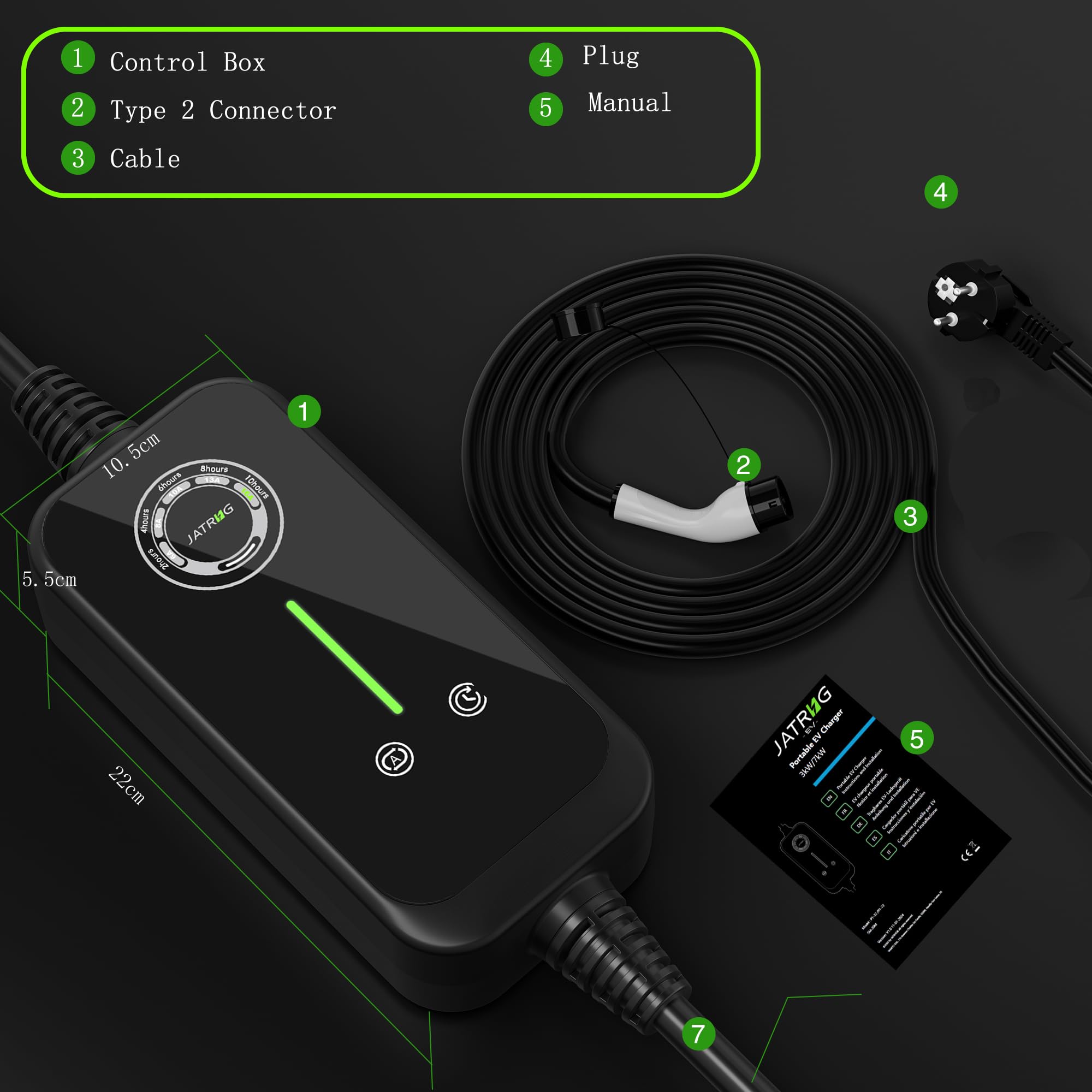Cargador JATRHG EV 5M 3.6KW-1.5KW 16A|13A|10A|8A Tipo 2 - Estación de Carga Portátil para Autos Eléctricos con Intensidad Variable, Monofásico