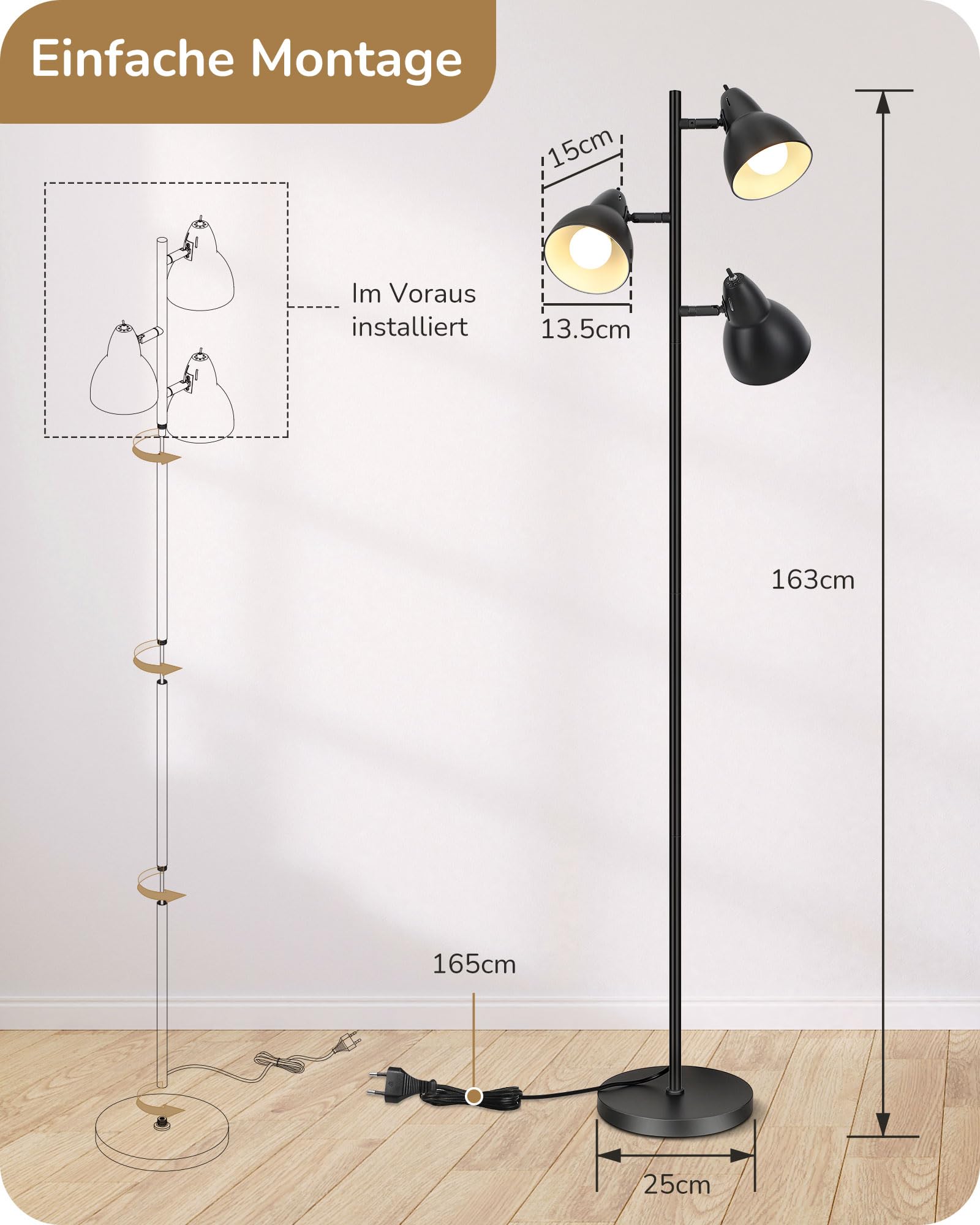 EDISHINE Lampa podłogowa do salonu, wychylna, 3 światła, ściemniana dioda LED | 2700 K ciepła biel, oprawka E27, z pojedynczym przełącznikiem, lampa podłogowa 163 cm do sypialni i biura, czarna
