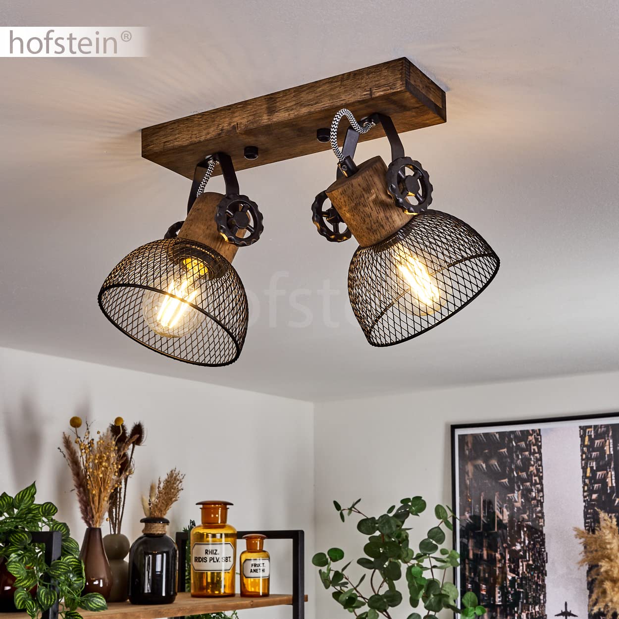 Lampa sufitowa Orny, z drewna/metalu w kolorze brązowym/czarnym z kloszami z siatki optycznej, lampa z drewnianymi belkami, przewodami z tkaniny i regulowanymi reflektorami, E27, bez żarówek