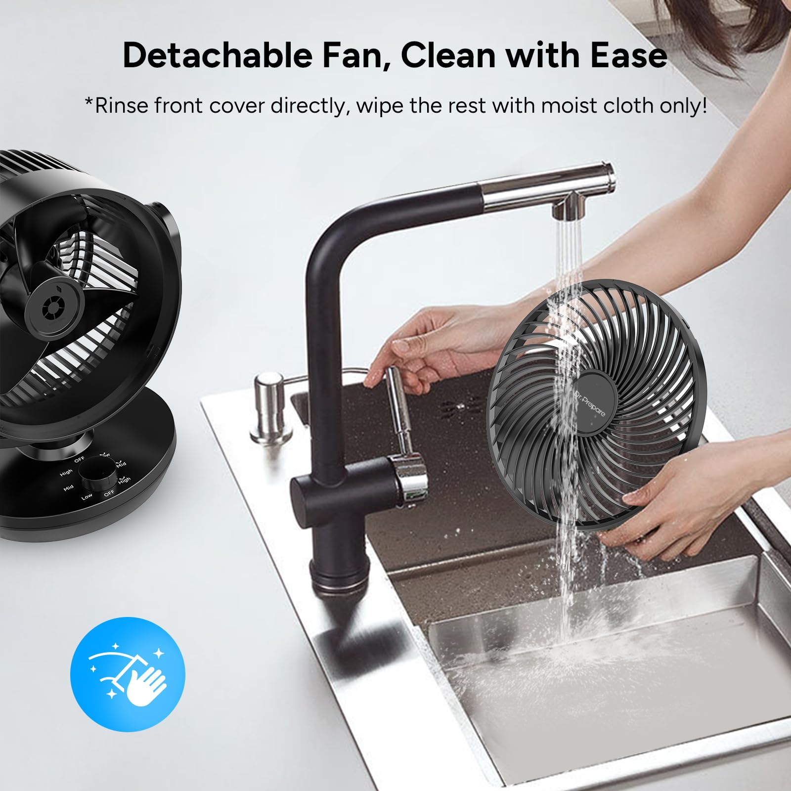 DR.PREPARE Tischventilator Leise 28dB 70° Oszillation 3 Geschwindigkeitsstufen 100° verstellbare Neigung