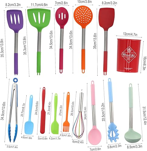 Miniatura 4 de Juego de utensilios de cocina de silicona de 15 piezas con mango de acero inoxidable resistente al calor con soporte para cocinar utensilios de