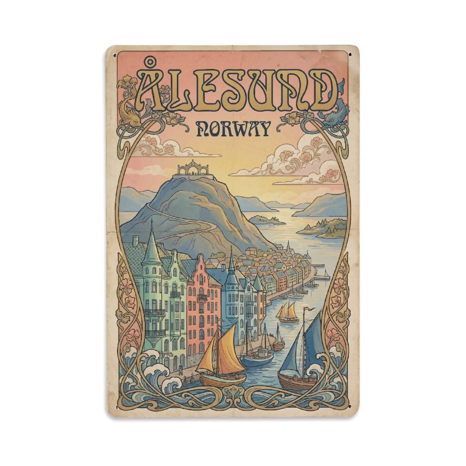 Vintage Norway Alesund Travel Metal Tin Sign