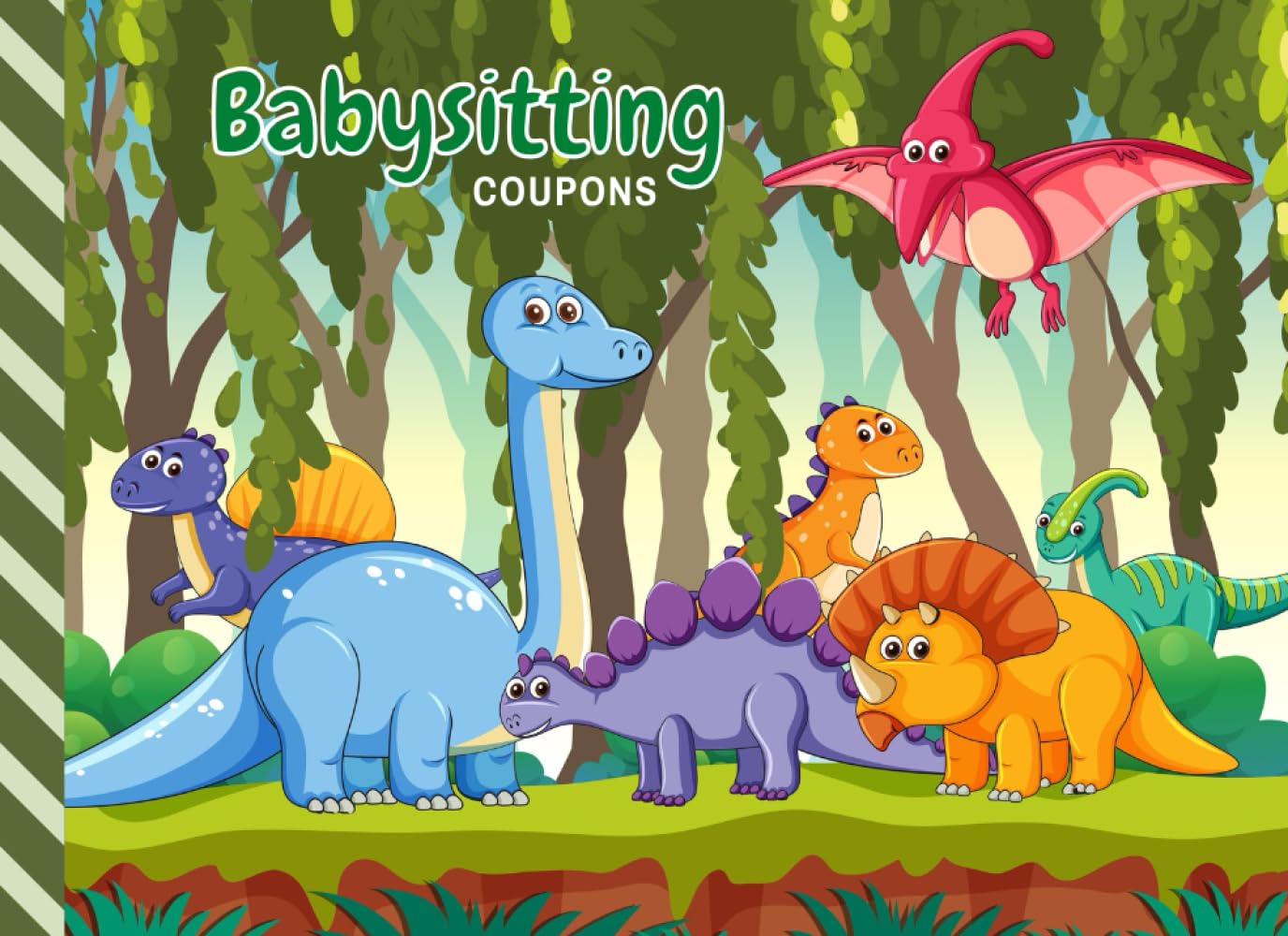 Babysitting Coupons: Colorful Cartoon Dinosaurs in Forest Theme / 50 Vouchers / Gift Book for Grandparents - Grandma - Grandpa - New Mom Baby Shower / Cute Card Alternative