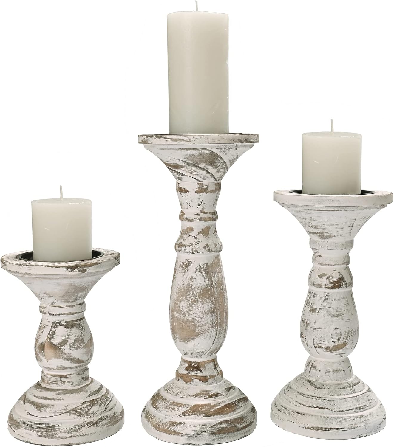 Yorkmills Pillar Candle Holder Set of 3, Farmhouse Decor Living Room Tall Candle Holders for Pillar Candles, Wood Candle Holders for Table Centerpieces White Home Decor Kitchen Dining Room Table Decor