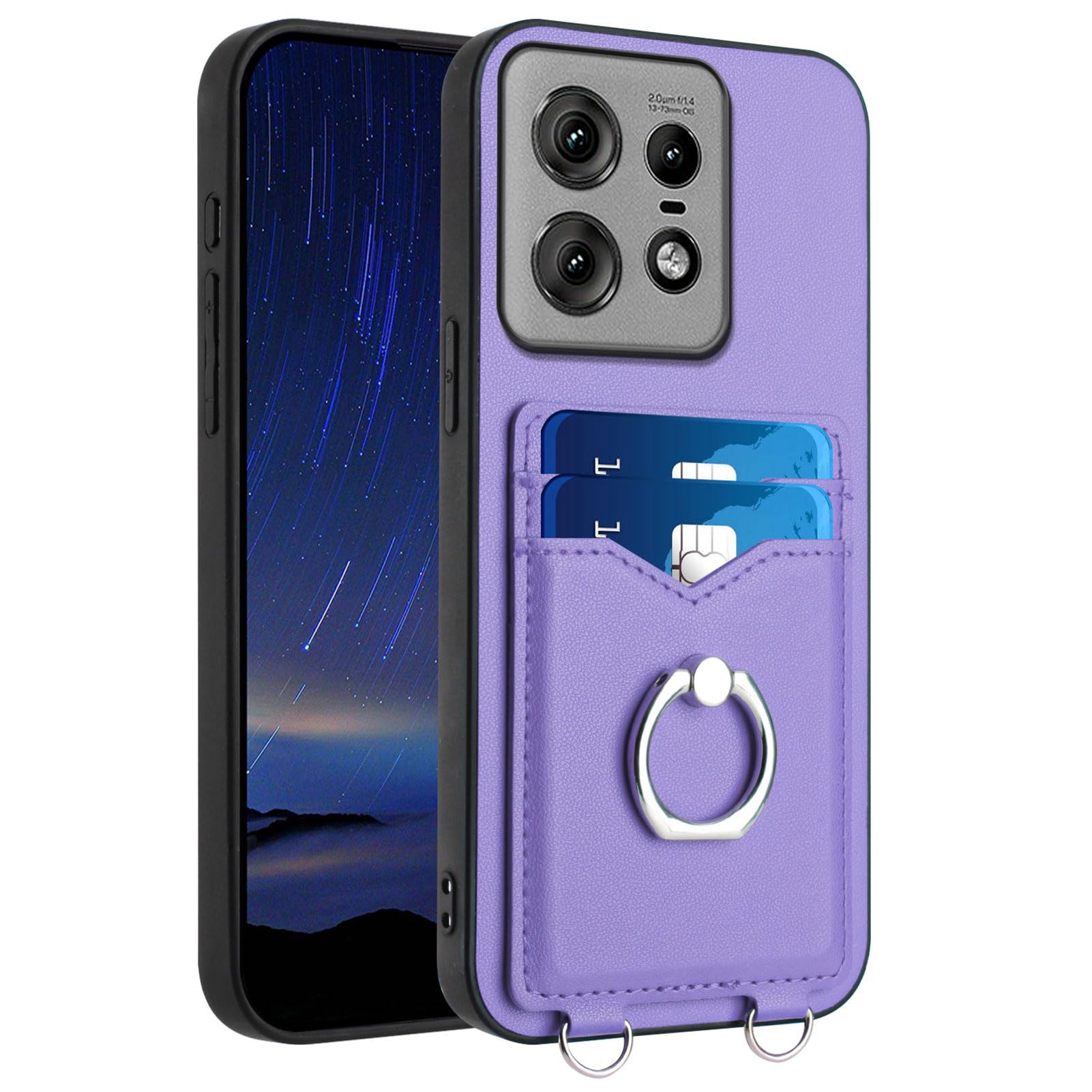 Case for Motorola Moto Edge 50 Fusion Rugged Leather Case with Card Slots, Camera Protection, 360 Ring Stand, Leather Wallet Anti-Shock Cover Motorola Edge 50 Fusion Case (Purple)