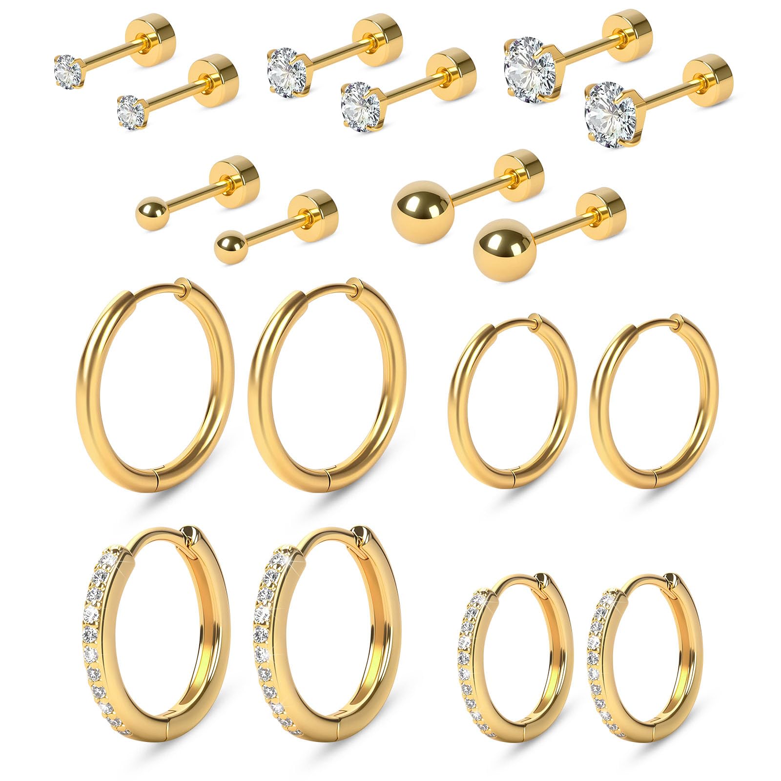 Vicloon Orecchini Acciaio Chirurgico, 9 Paia Set di Orecchini a Bottonecon Retro Piatto Orecchini a Cerchio Cartilagine Ipoallergenica Cartilagine Helix Piercing Orecchio Set Orecchini Donna