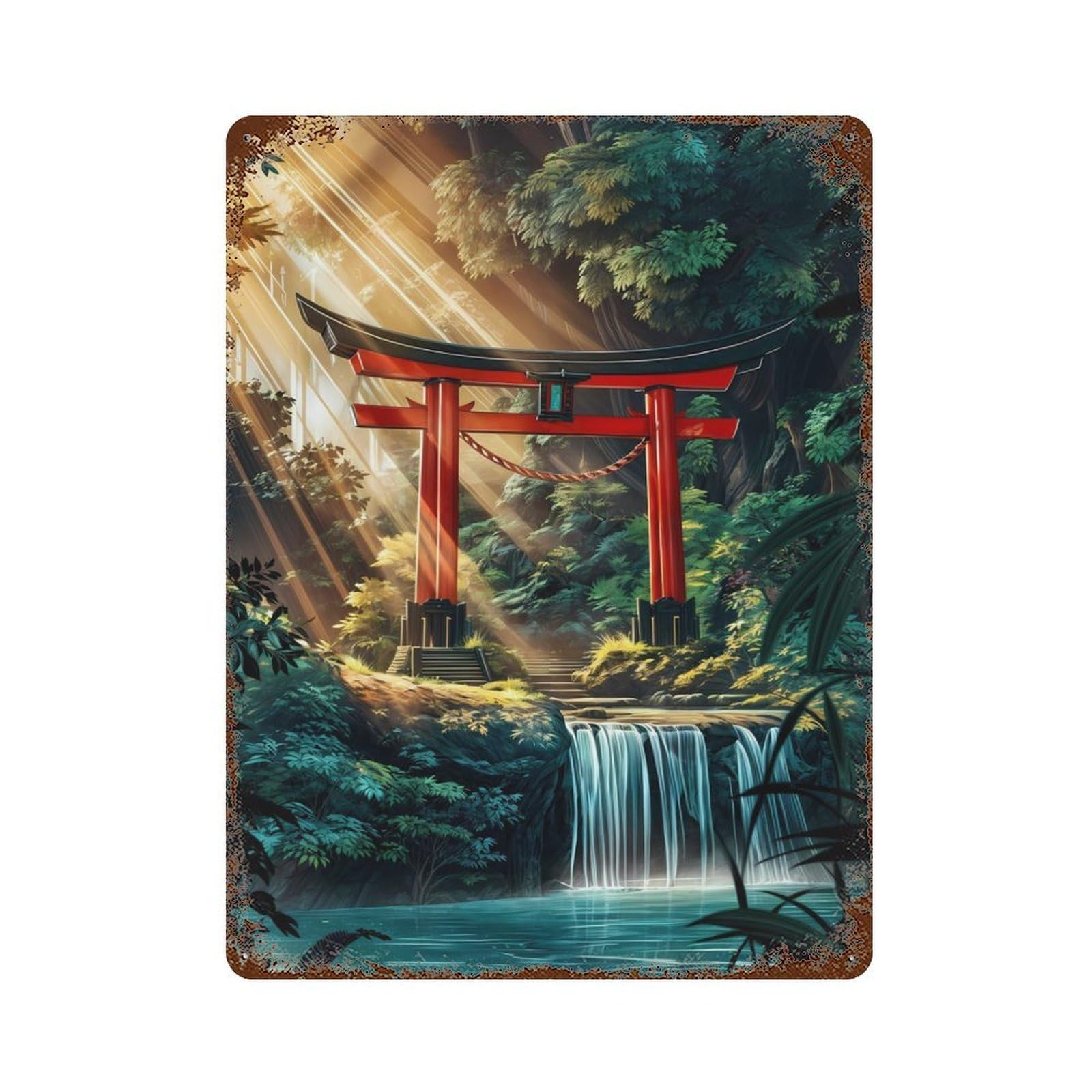 Japan Torii Gate Beautiful Vintage Wall Sign 15.7"x11.8", Rust Effect Metal Decor for Office, Studio And Wall Decor