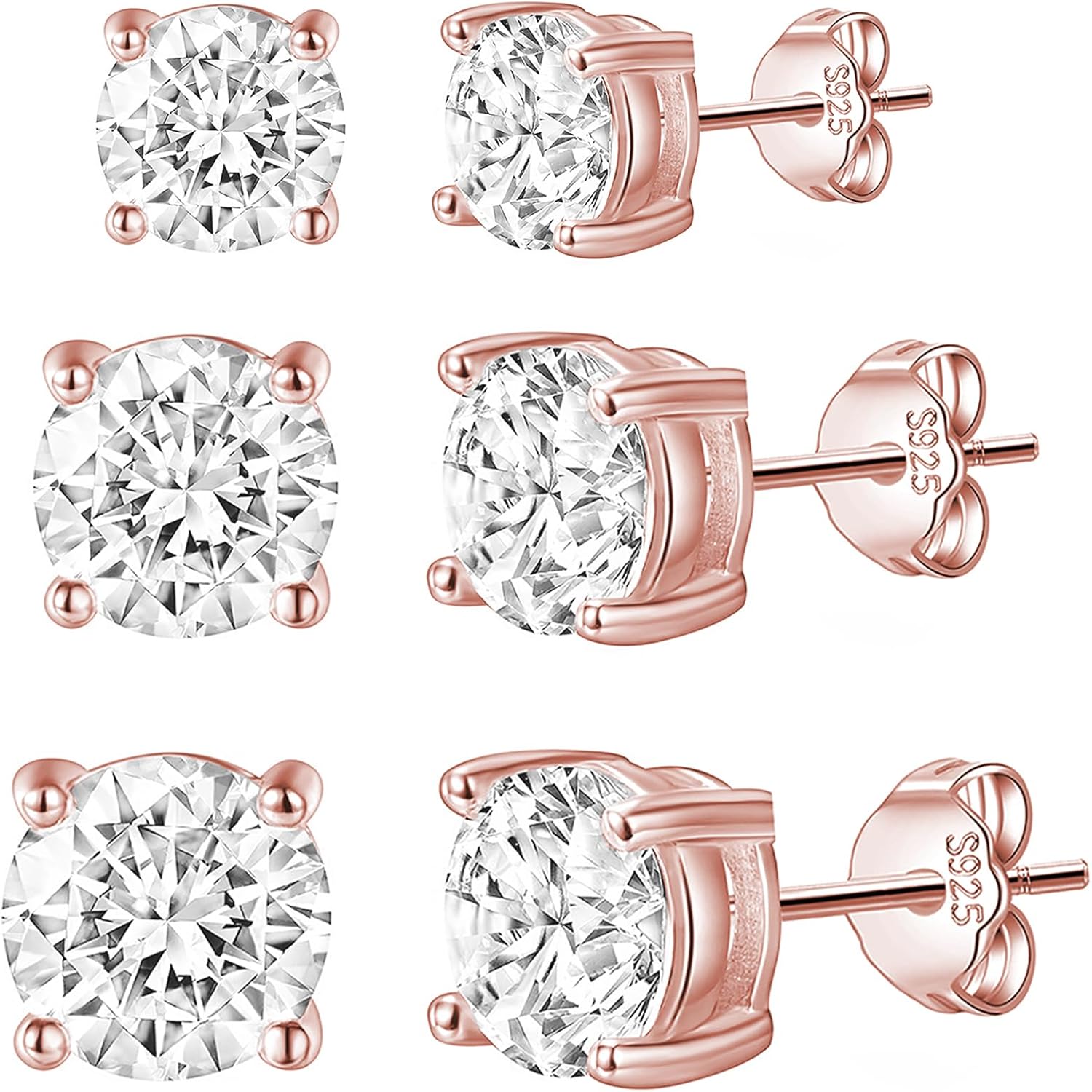 Reffeer Solid 925 Sterling Silver 3 Pairs Cubic Zirconia Earrings Studs for Women Teen Girls CZ Stud Earrings Hypoallergenic