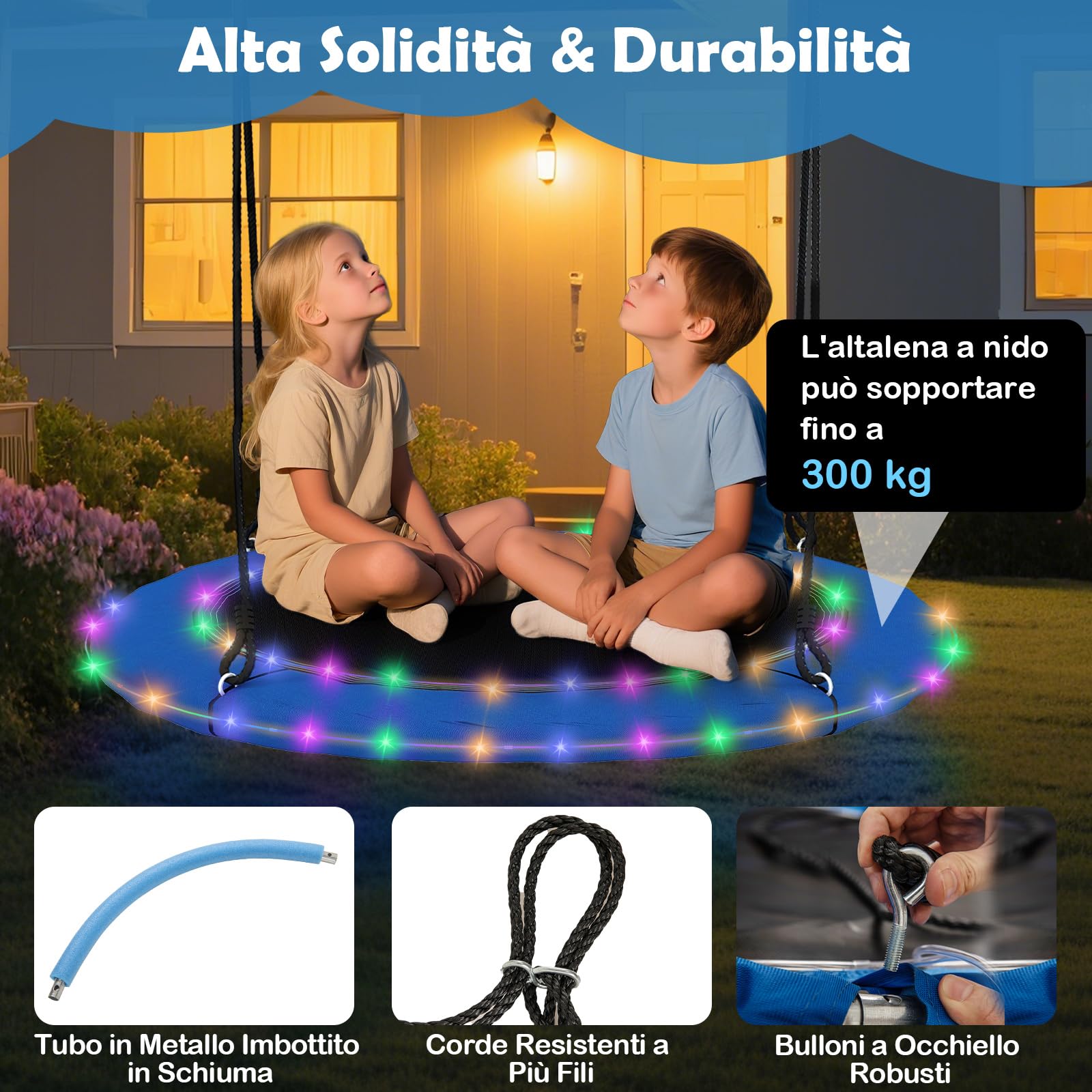COSTWAY Altalena a Nido 100 cm per Bambini e Adulti, Altalena Rotonda con Luci LED Colorate e 2 Funi Regolabili, Capacità di Carico 300 kg da Giardino Esterno (Blu)