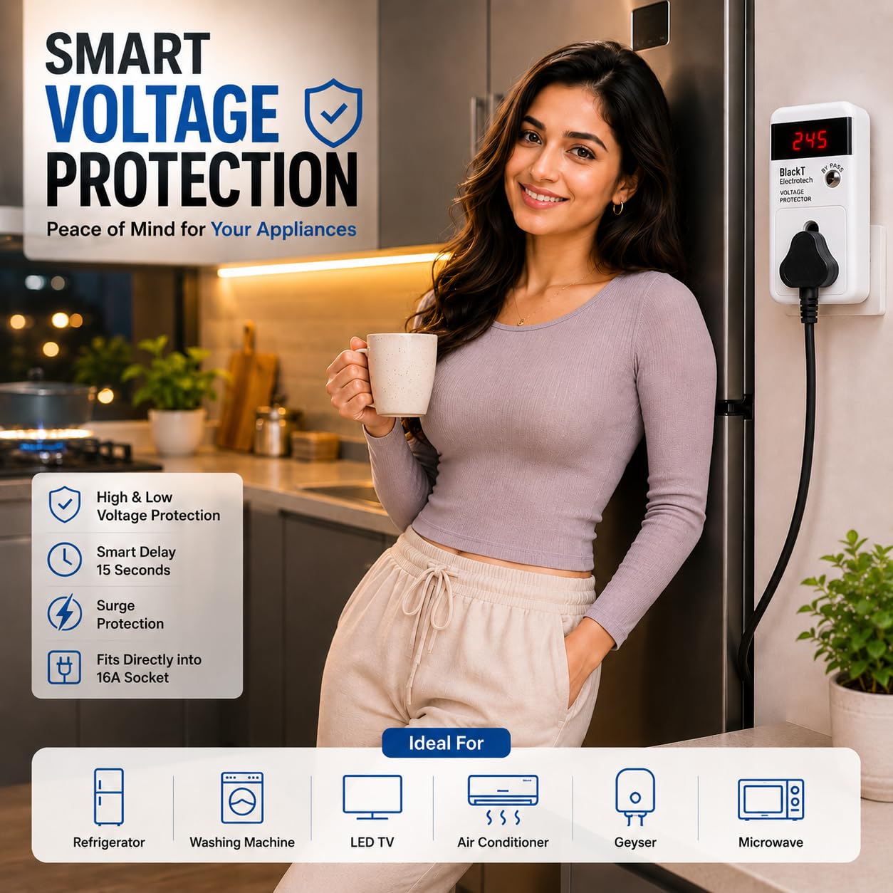 Blackt Electrotech BTSVP03 230V 16 Amps Automatic Voltage Protector Socket - Surge Protector for Air Conditioners, Refrigerators, Washing Machines, and TVs (1) — Amazon image 3