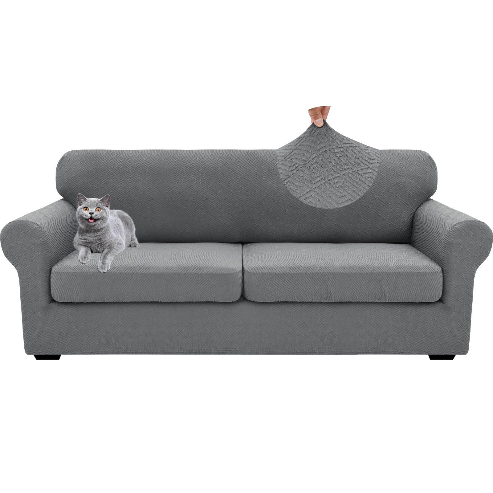 Copridivano 3 Posti con Braccioli, Elasticizzato Copri Divano AntiGraffio Gatto, Copridivano Universale con Cuscini Separati, Elastico Copripoltrona Antiscivolo (Grigio Chiaro,XL Sofa(2 Cushions))