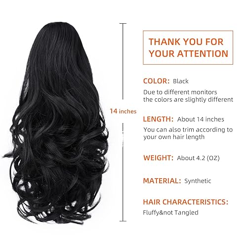 Miniatura 7 de Negro - Extensiones de cola de caballo, extensión de pelo de cola de caballo con clip de garra falsa