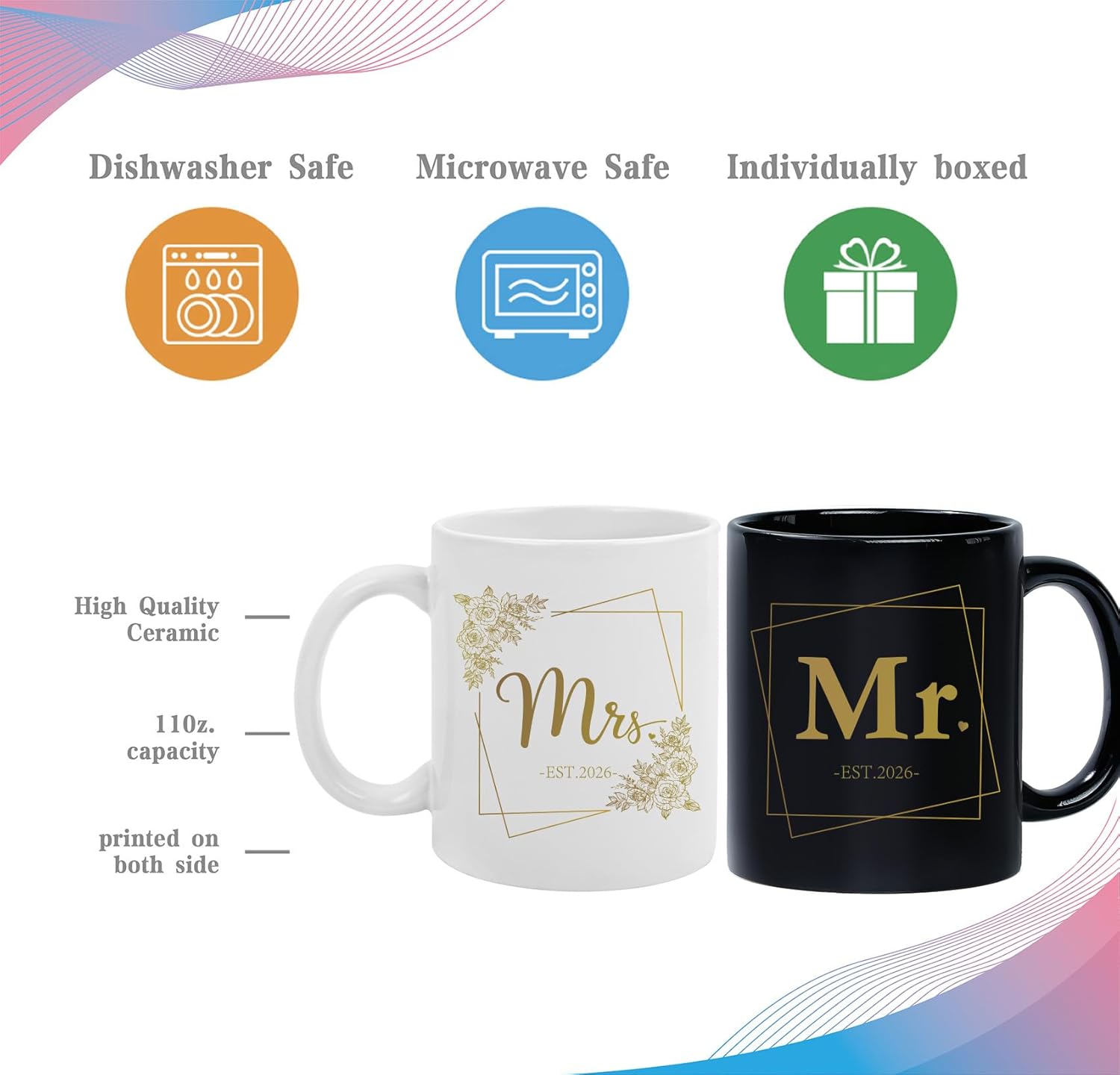 Mr and Mrs Coffee Mugs Set - Unique Wedding Gift for Couple, Newlyweds, Engagement, Bridal Shower - Personalized Couple Gift for Him & Her -40 - Image 4
