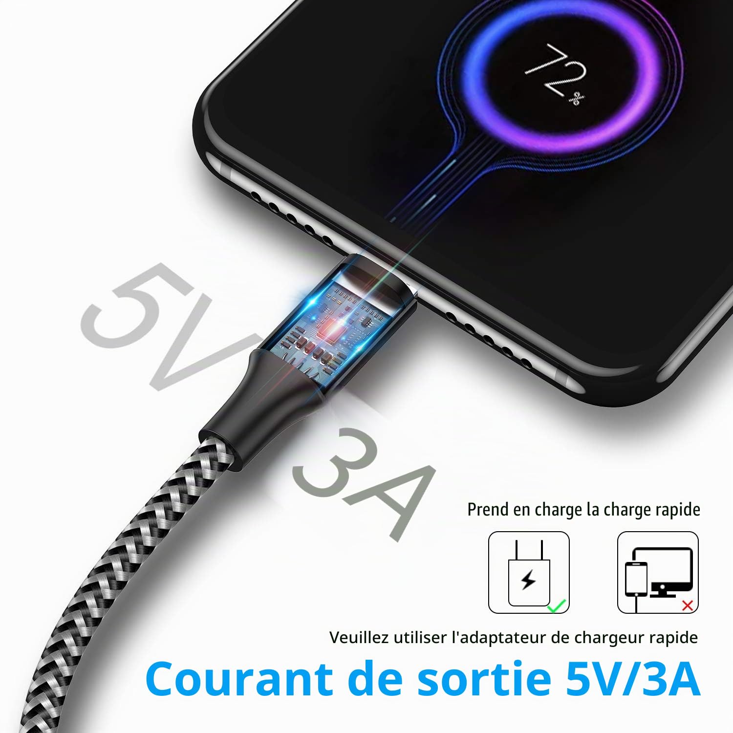 HAKUSHA Câble Micro USB, [2M] 3A Charge Rapide Câble Android Durable Câble de Chargeur de Téléphone Mobile en Nylon pour Samsung S7/S6/S5/J5/J7, Huawei, Nokia, Nexus, Sony, Tablette, PS4, Kindle
