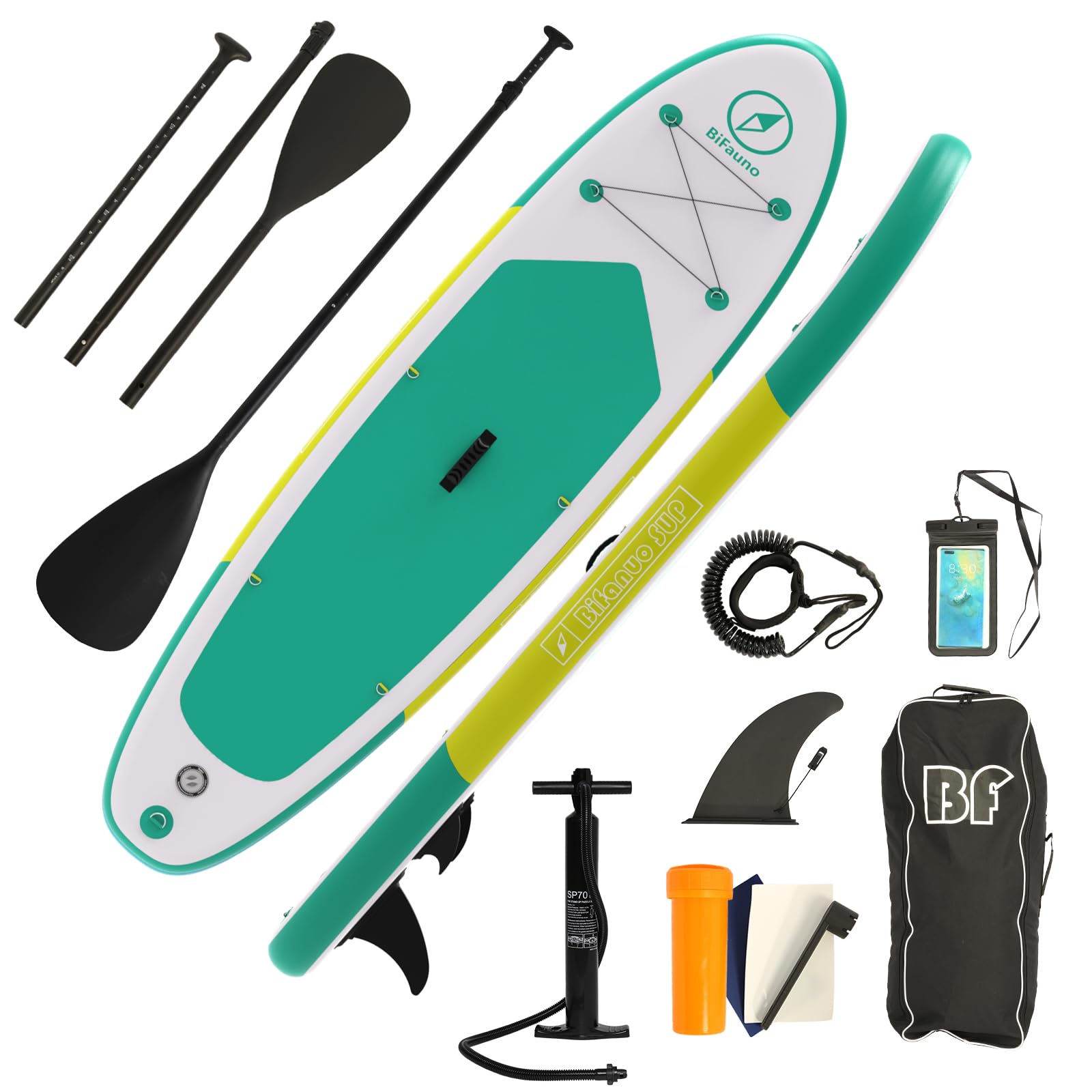 Inflatable Stand Up Paddle Board with SUP Accessories & Backpack. Non-Slip Deck,Wide Stance,Bottom Fin,Double Action Pump and Repair Kit.Youth & Adult Standing Boat