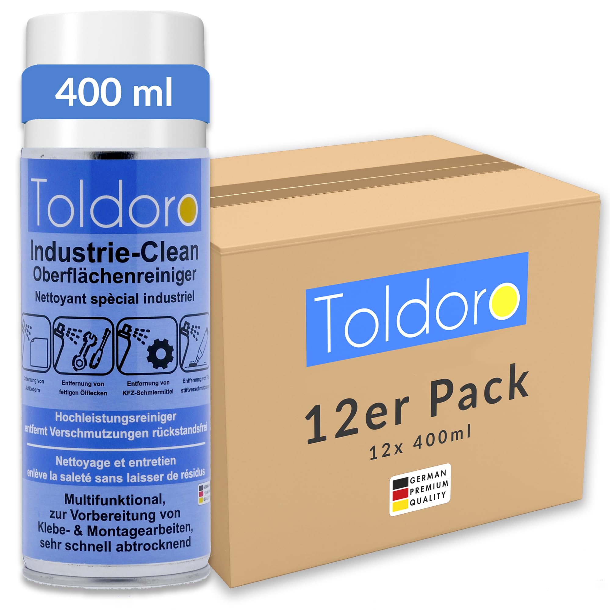Toldoro Limpiador industrial, removedor de etiquetas, limpiador de máquinas, removedor de restos de pegamento, quitaetiquetas, spray desengrasante (12 x 400 ml)