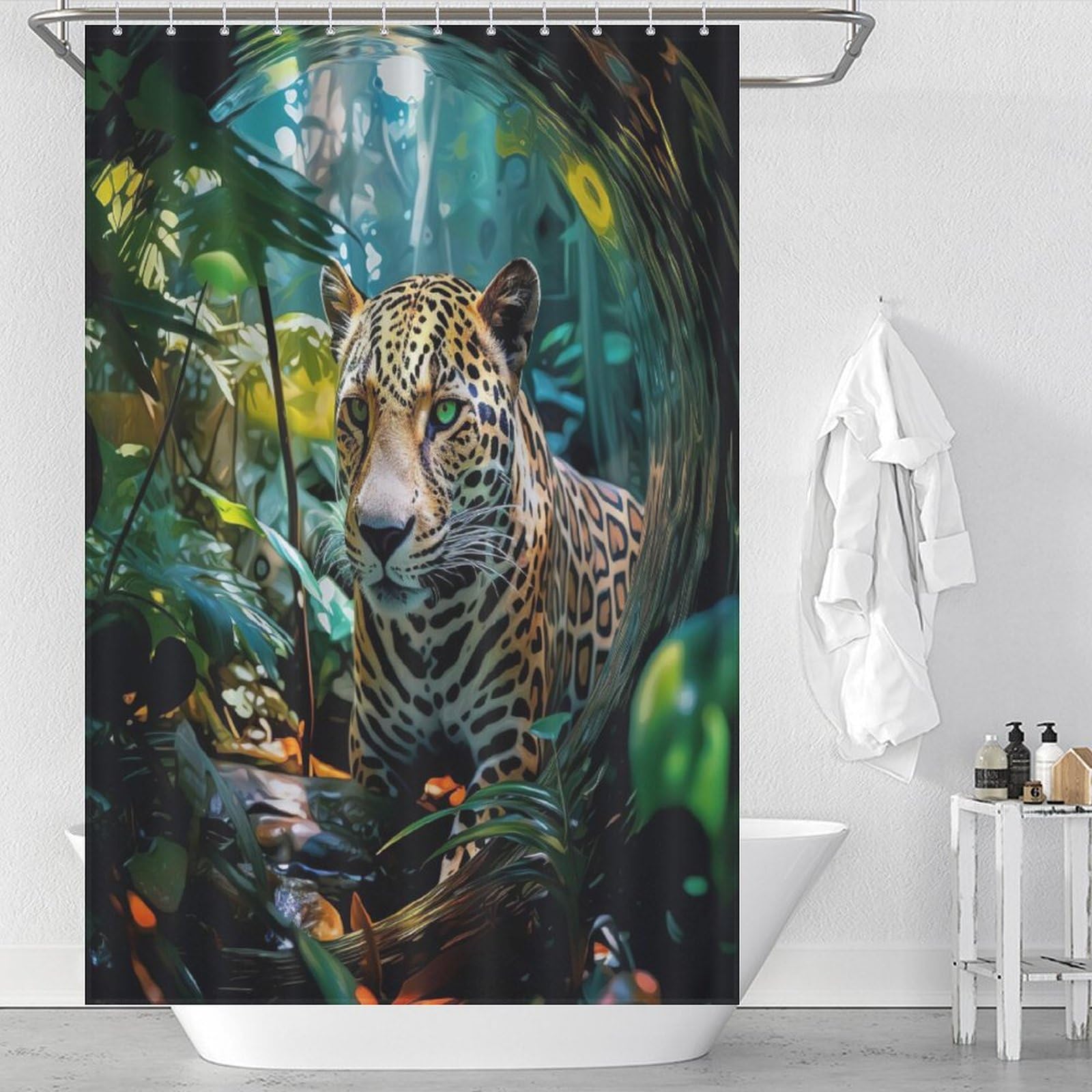Rideau de douche léopard chic en tissu lavable premium pour baignoire 122x183cm