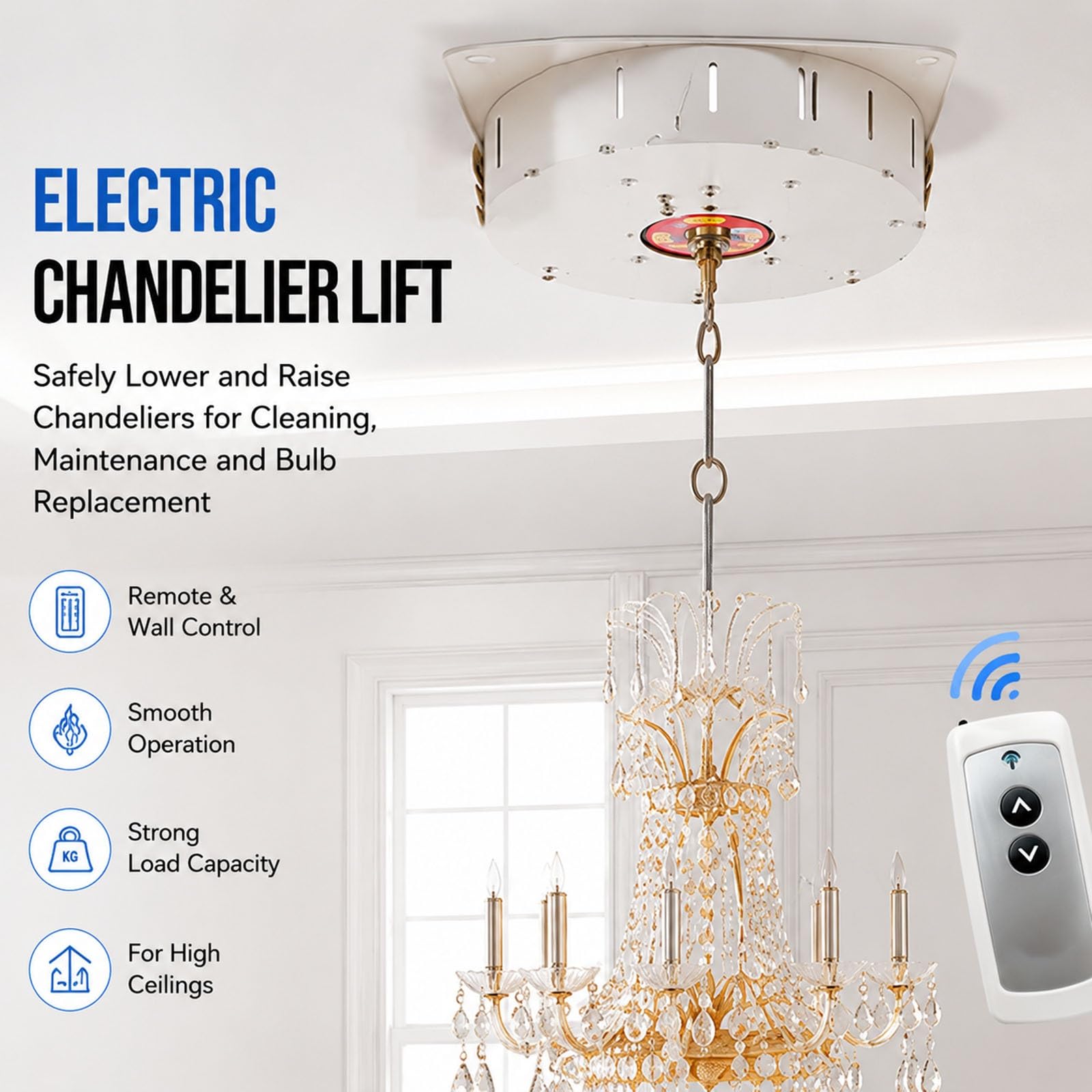Winda do żyrandoli na wysokie sufity, elektryczny podnośnik do lamp wiszących, łatwa konserwacja oświetlenia w hotelach i domach bez drabiny(100KG-4M)