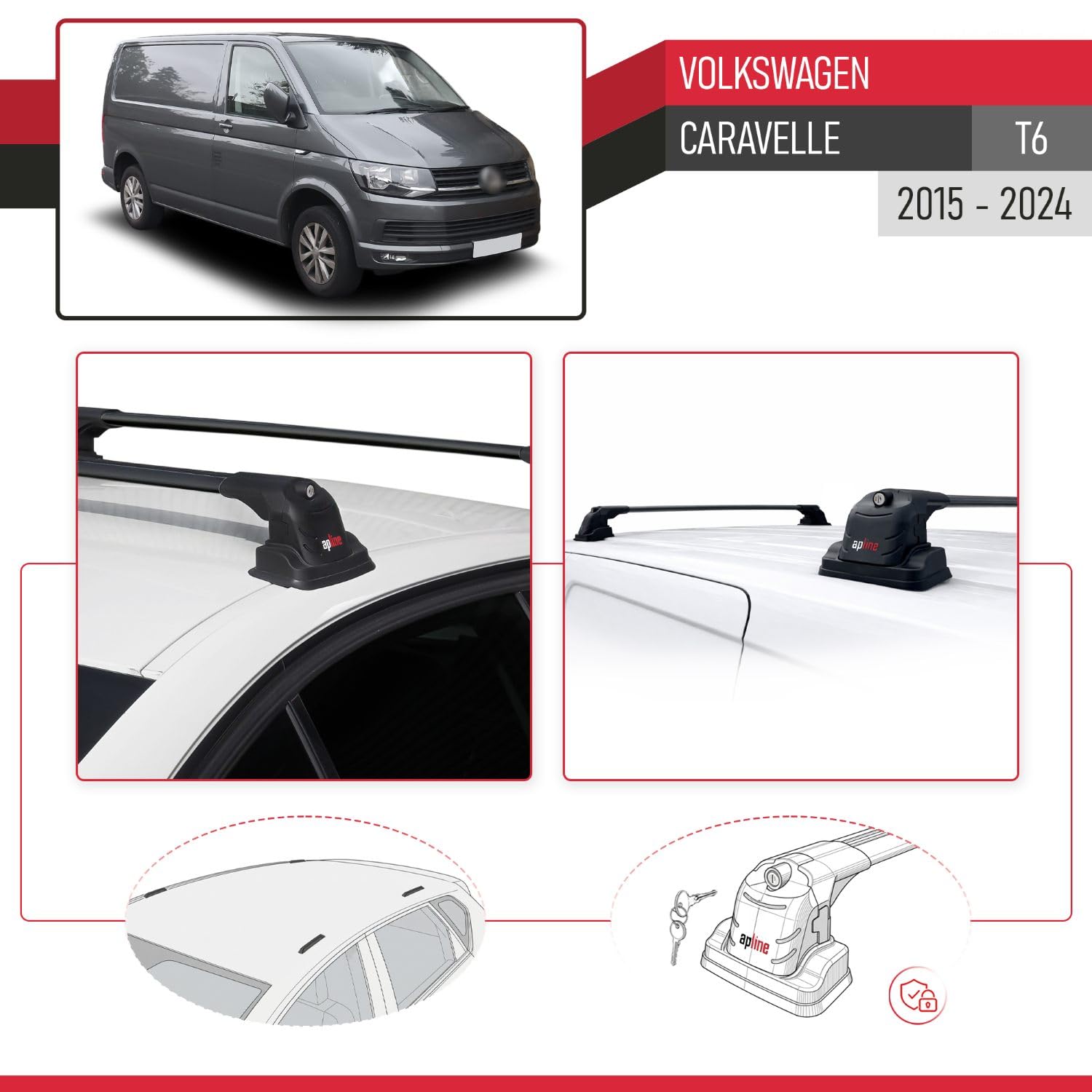 Kompatybilny z Compatible with Volkswagen Caravelle (T6) 2016-2022 ACE-3 Model Aluminiowy bagażnik dachowy 2 poprzeczki, czarne