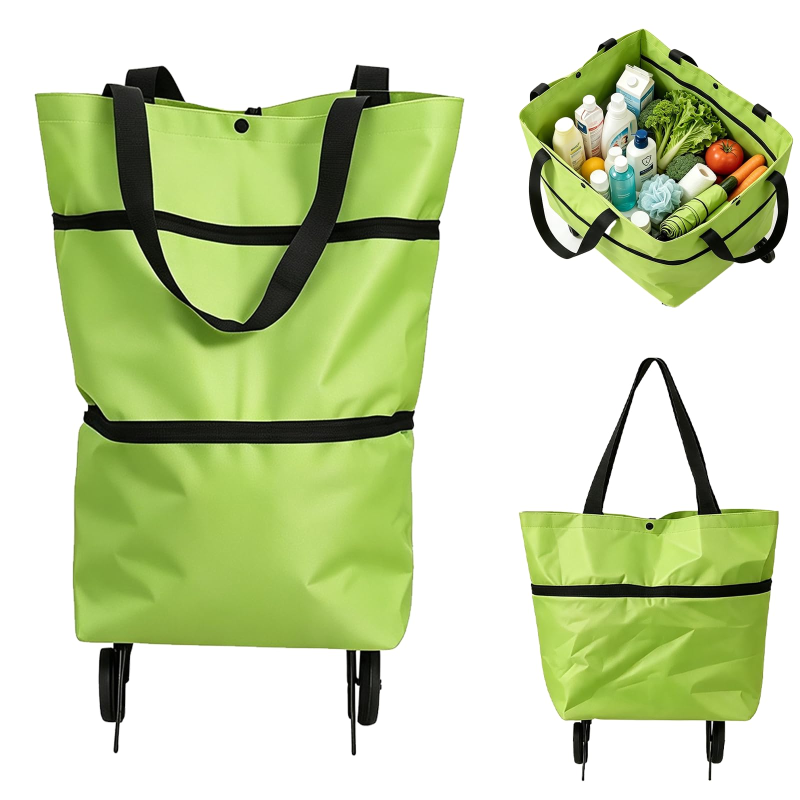 2-In-1 Foldable Shopping Cart, Collapsible Shopping Bag With Wheels, Oxford Cloth Grocery Bag Hand Truck, Portable Rolling Tote, Folding Shopping Cart For Supermarket,Laundry,Travel (Green)