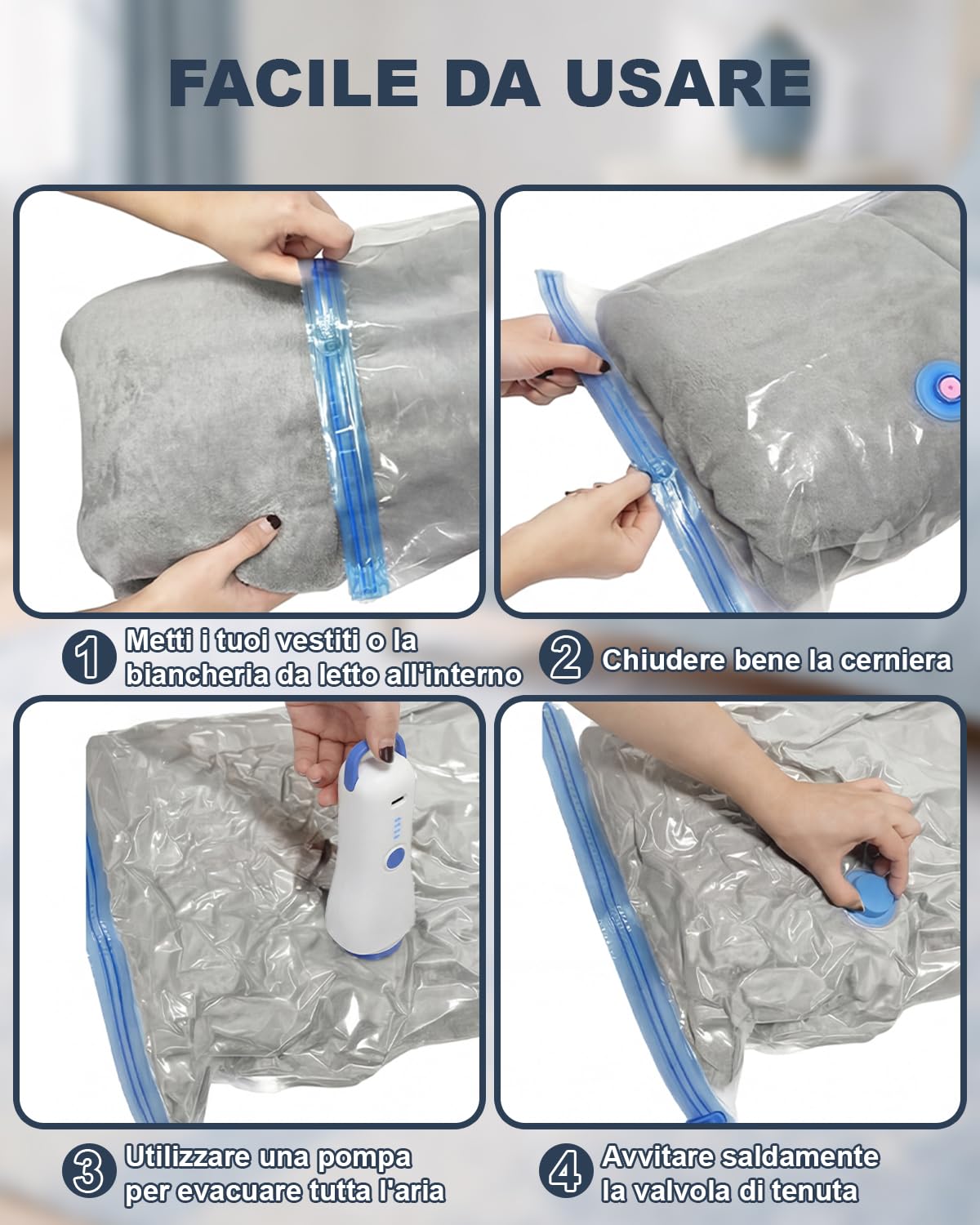 Sacchetti Sottovuoto Vestiti con Pompa Elettrica, 8 Buste Sottovuoto Vestiti (4 * 100x80cm, 4 * 74x54cm), Sacchi Sottovuoto Vestiti per Viaggi, Traslochi e Stoccaggio