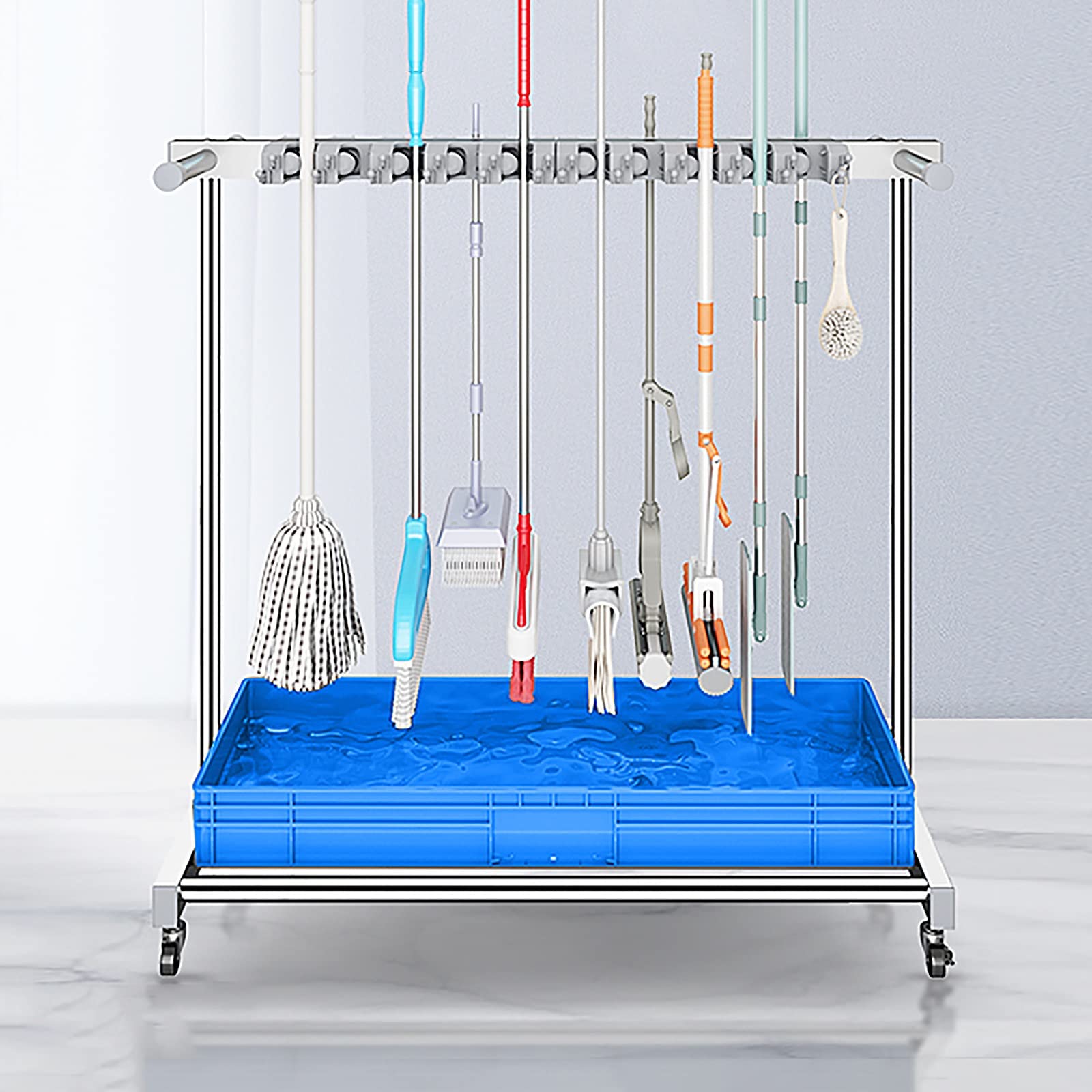 Utility Rack For Mops And Brooms,Cleaning Supplies Organizer,Cleaning Cart,Movable Commercial Mop Broom Holder,Cleaning Supplies Organizer,Housekeeping Cart,Mop Drain Rack,Wit(Blue-20 Slots)