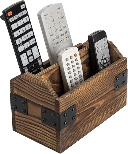 Miniatura 7 de MyGift Organizador rústico de madera quemada para TV, organizador de almacenamiento para mesa con 2 compartimentos y detalles decorativos de metal