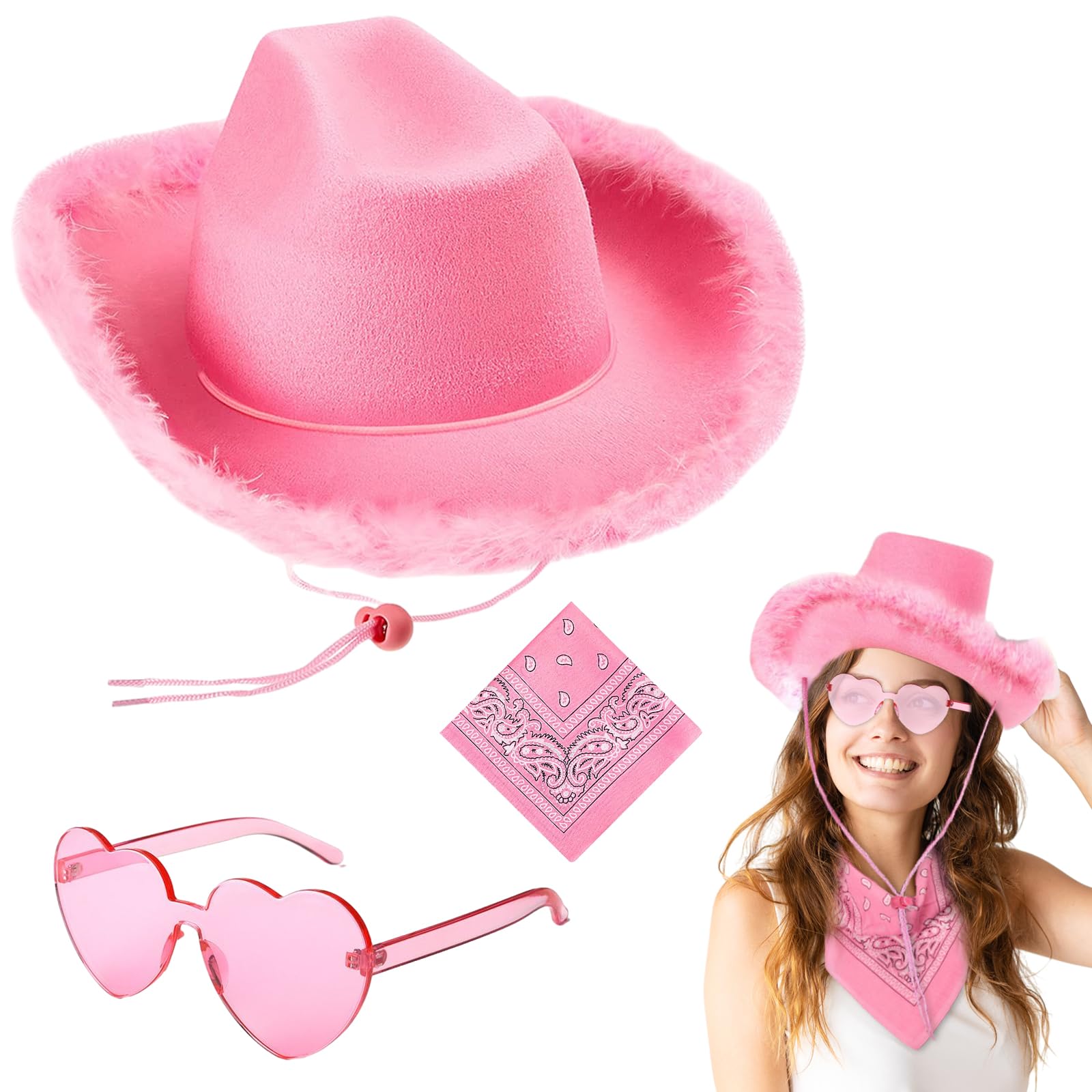 71Nmly 3pcs Cowboy Hat Women Felt Fluffy Feather Trim Cowgirl Hat Wide Brim Fancy Dress Cowboy Hat with Heart Glasses & Pink Bandana Scarf for Halloween Cosplay Party