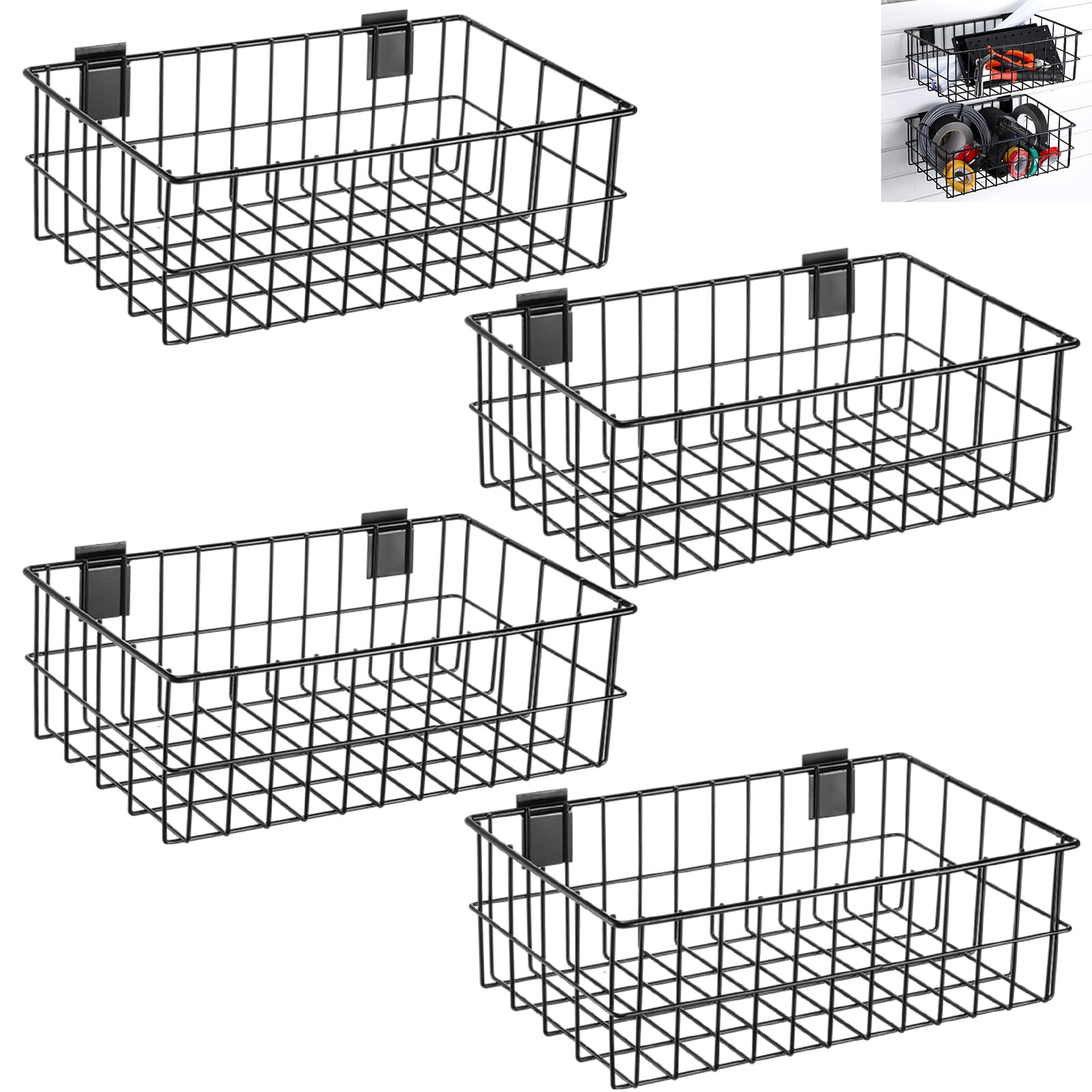 4Pcs Slatwall Basket Set Ventilated Metal Slatwall Baskets Hanging Storage Baskets for PVC Slatwall, Mounted Slatwall Accessories Storage Display on Garage Slatwall Panels (Black,14.5x8.5x5)