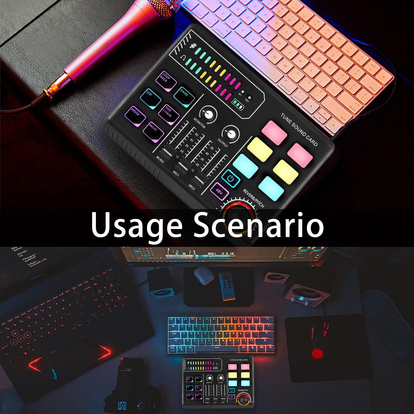 Mischpult, Gaming Audio Mixer Gaming Sachen RGB Soundkarte Audio-Interface mit Bluetooth Stimmverzerrer Funktion für PC/Phone/Gamer Creators/Live/YouTube/Individuelle Steuerung/Podcast