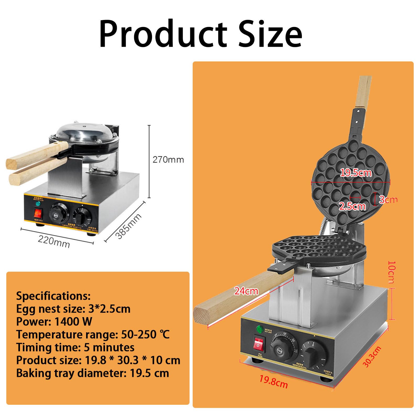 Máquina para Hacer Gofres Burbujas Comercial,Plancha Hojaldre con Burbujas Huevo 1400 W/Mango Madera Y Giratorio 180°,Panadero Acero Inoxidable,Ajustable A 50-250 ℃