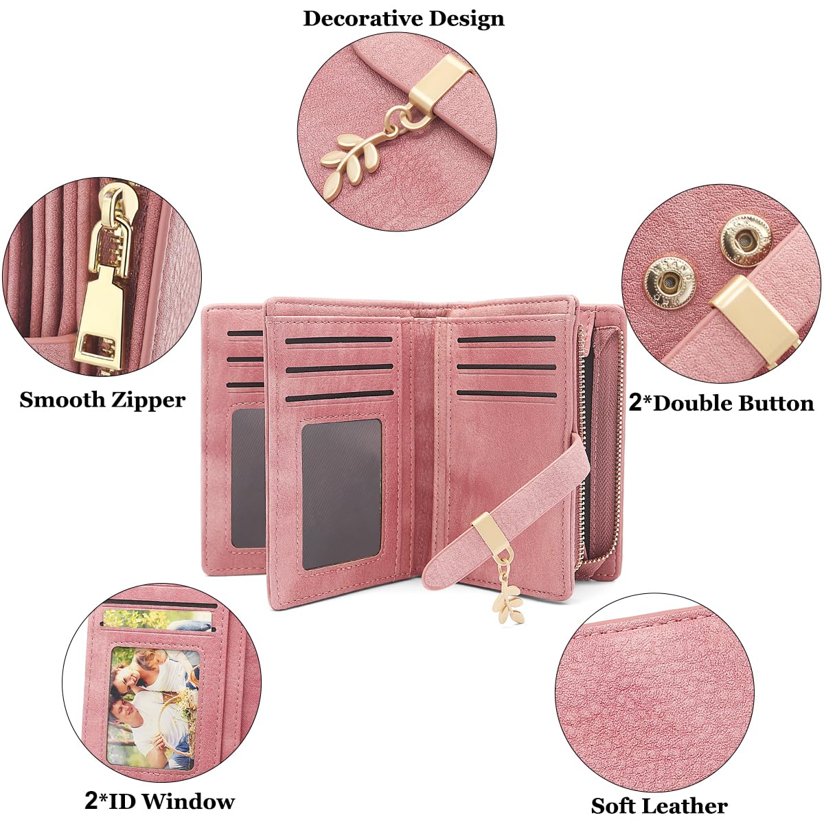 Portafoglio Donna Piccolo Portafogli Pelle PU RFID Blocco Elegante Corto Portamonete per donna con 17 Porta Carta di Credito Cerniera (Rosa)