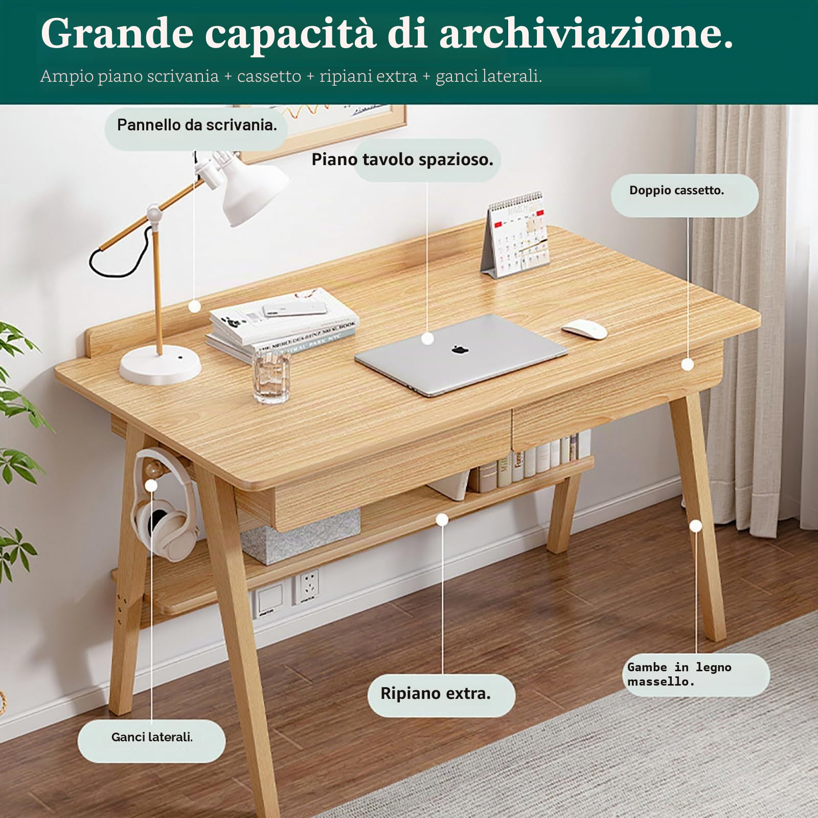 Scrivania in legno massiccio con cassetti, scrivania per computer con ripiani di archiviazione, scrivania per ufficio con ganci, scrivania di metà secolo, scrivania dello studio, workstation tavolo