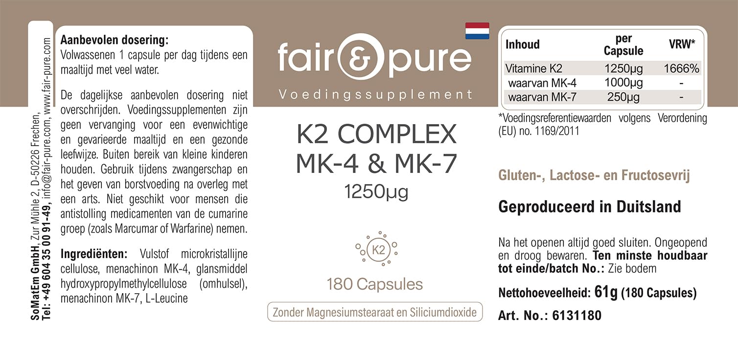Fair & Pure® - Complexe de K2 1250µg MK-4 & MK-7 - végan - dosage élevé - 180 gélules