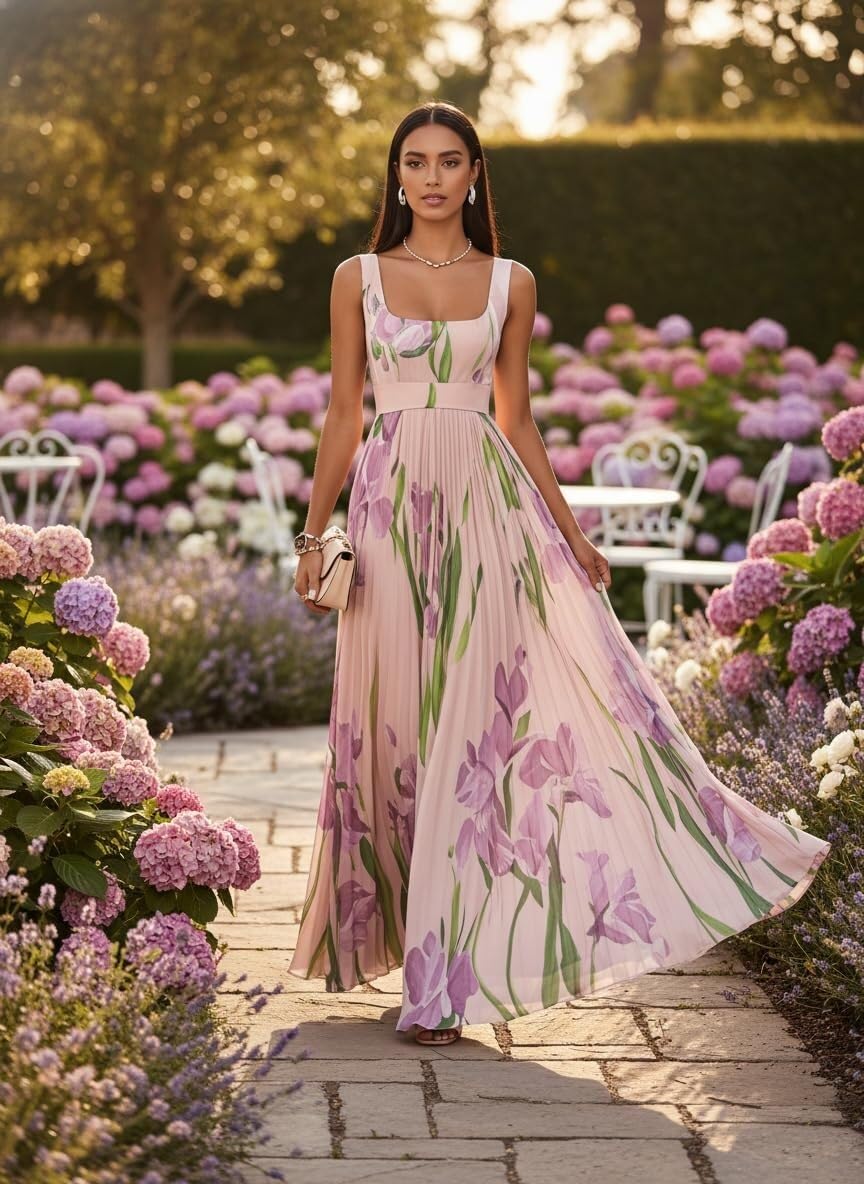 Generale Vestito Lungo a Fiori Donna Senza Maniche con Scollo Quadrato, Modello Fluido a Taglio A Elegante, Perfetto Come Abito Invitata Nozze per Primavera, Estate e Vacanze
