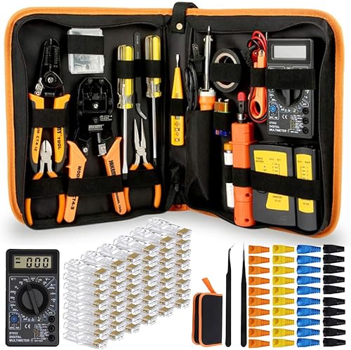 LEATBUY - Kit de herramientas de crimpado RJ45 para red Ethernet CAT5CAT6, crimpadora de red profesional, conector de cable, cortador de pelacables,