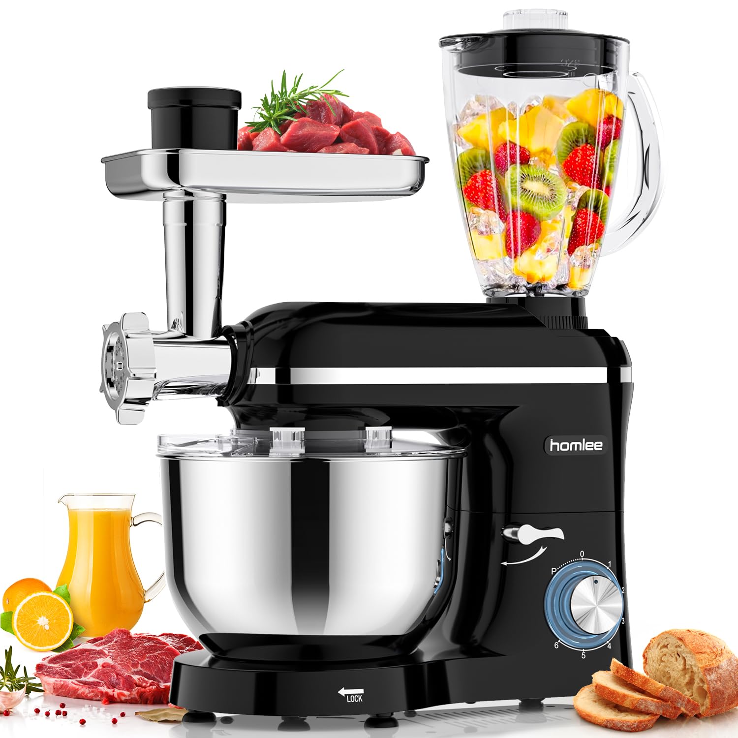 Homlee 3 en 1 Robot Pâtissier,2000W Robot Cuisine Multifonctions,avec Hachoir à Viande,1,5L Mixeur,Ensemble de légumes,Accessoires pour Saucisses,5.5L Bol Mélangeur,Fouet,Crochet Pétrisseur,Batteur
